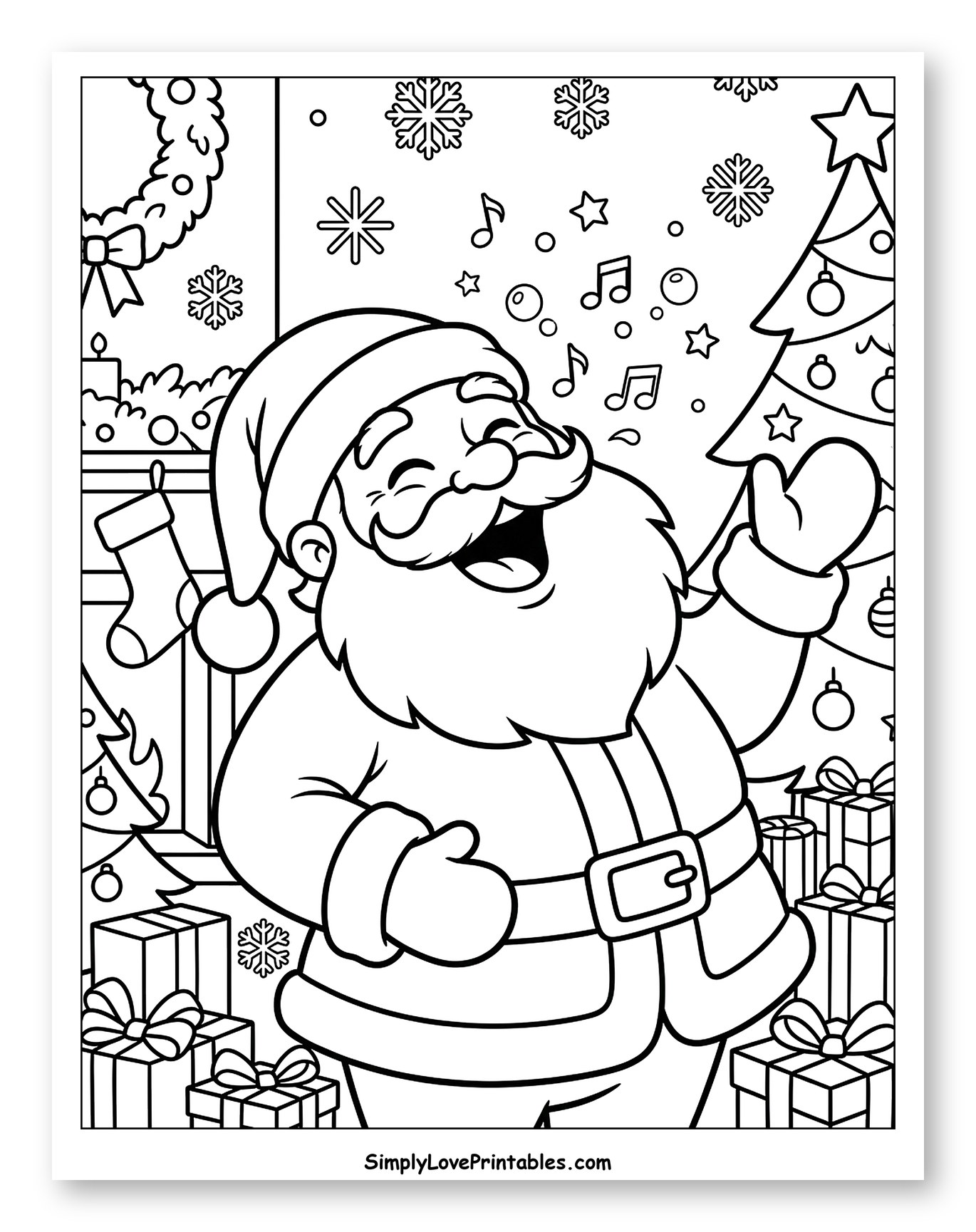 Jolly Santa Claus Laughing by the Christmas Tree Coloring Page for Kids