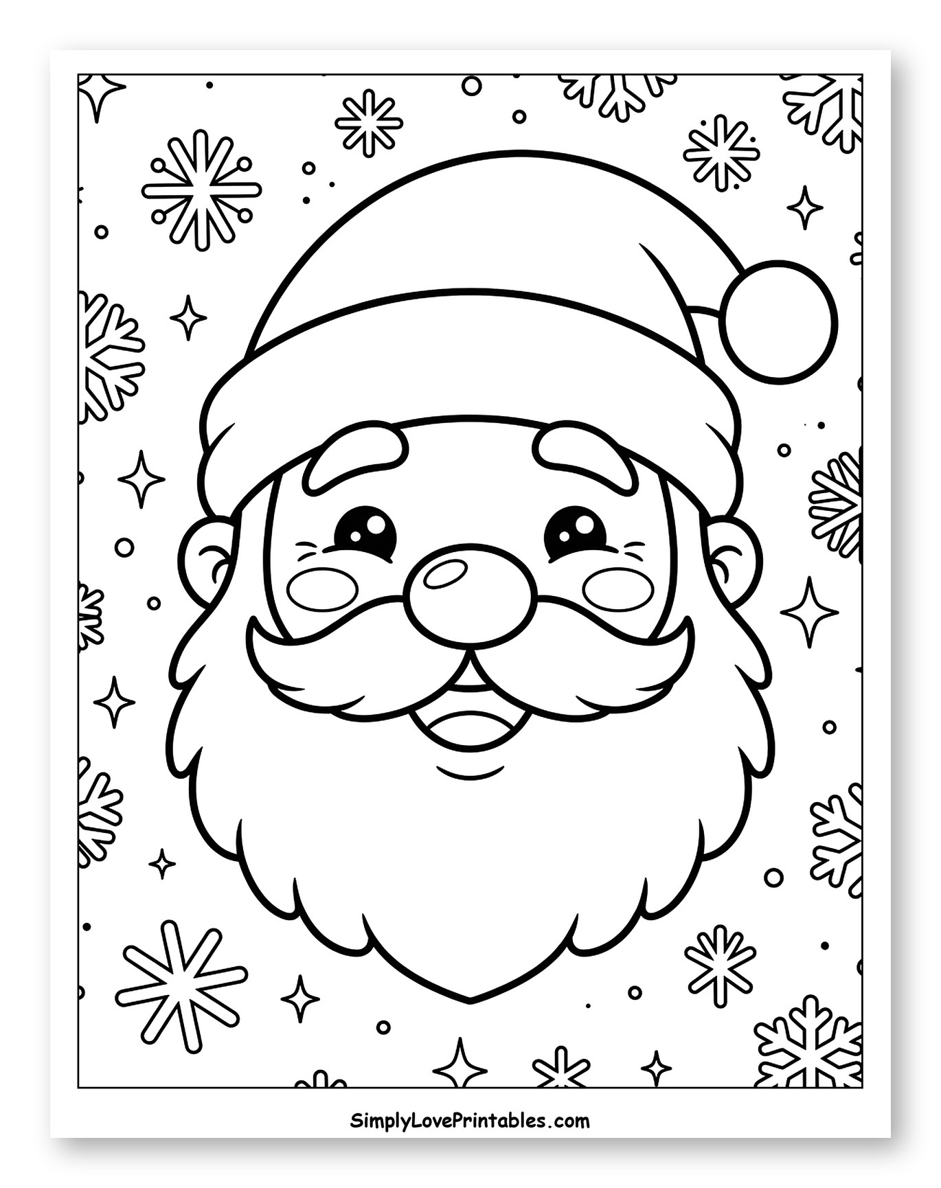Jolly Santa Claus Surrounded by Winter Snowflakes to Color for Kids