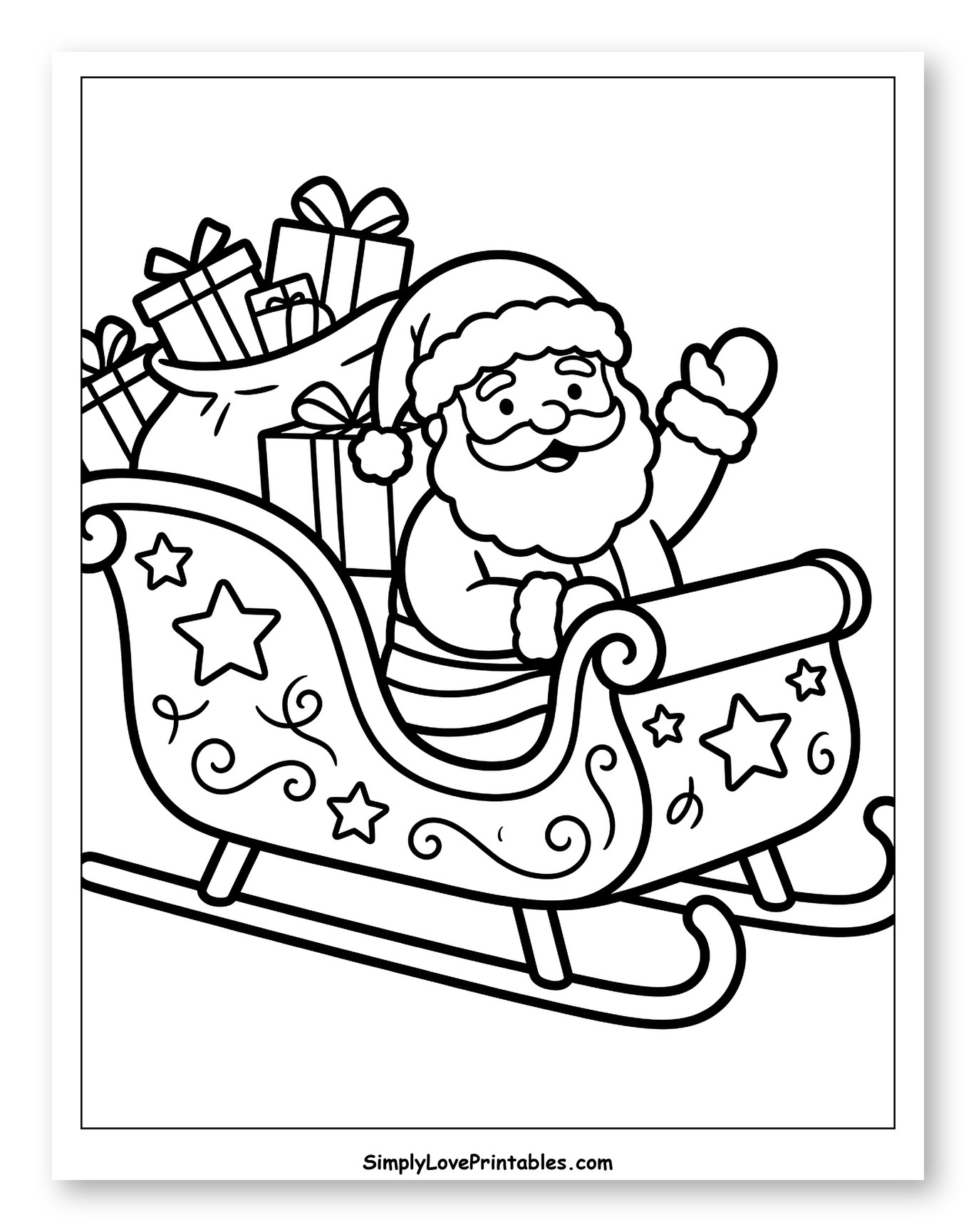 Jolly Santa Claus Waving from His Sleigh Coloring Page for Toddlers