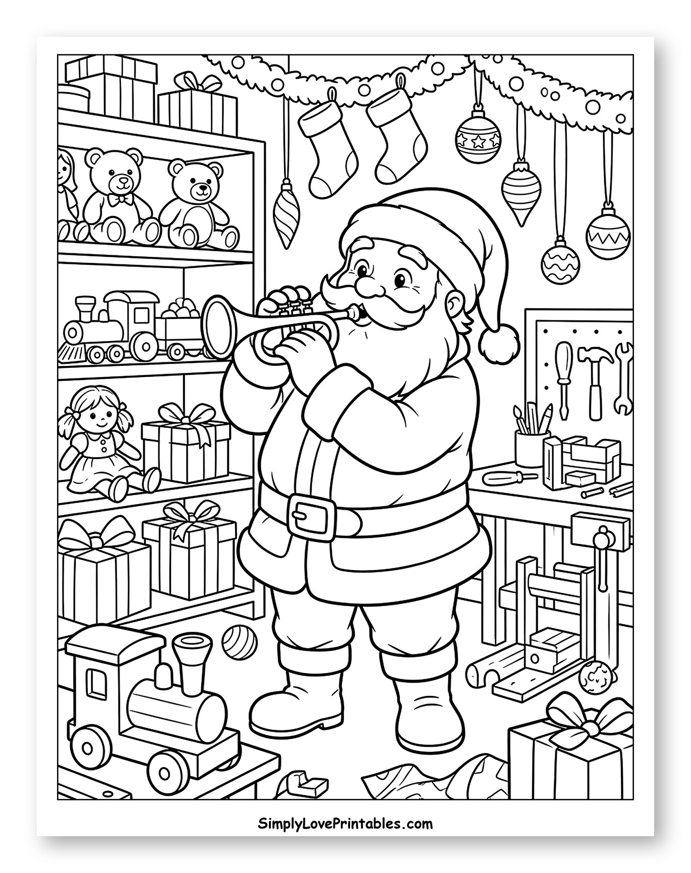 Jolly Santa Playing Trumpet in His Toy Workshop