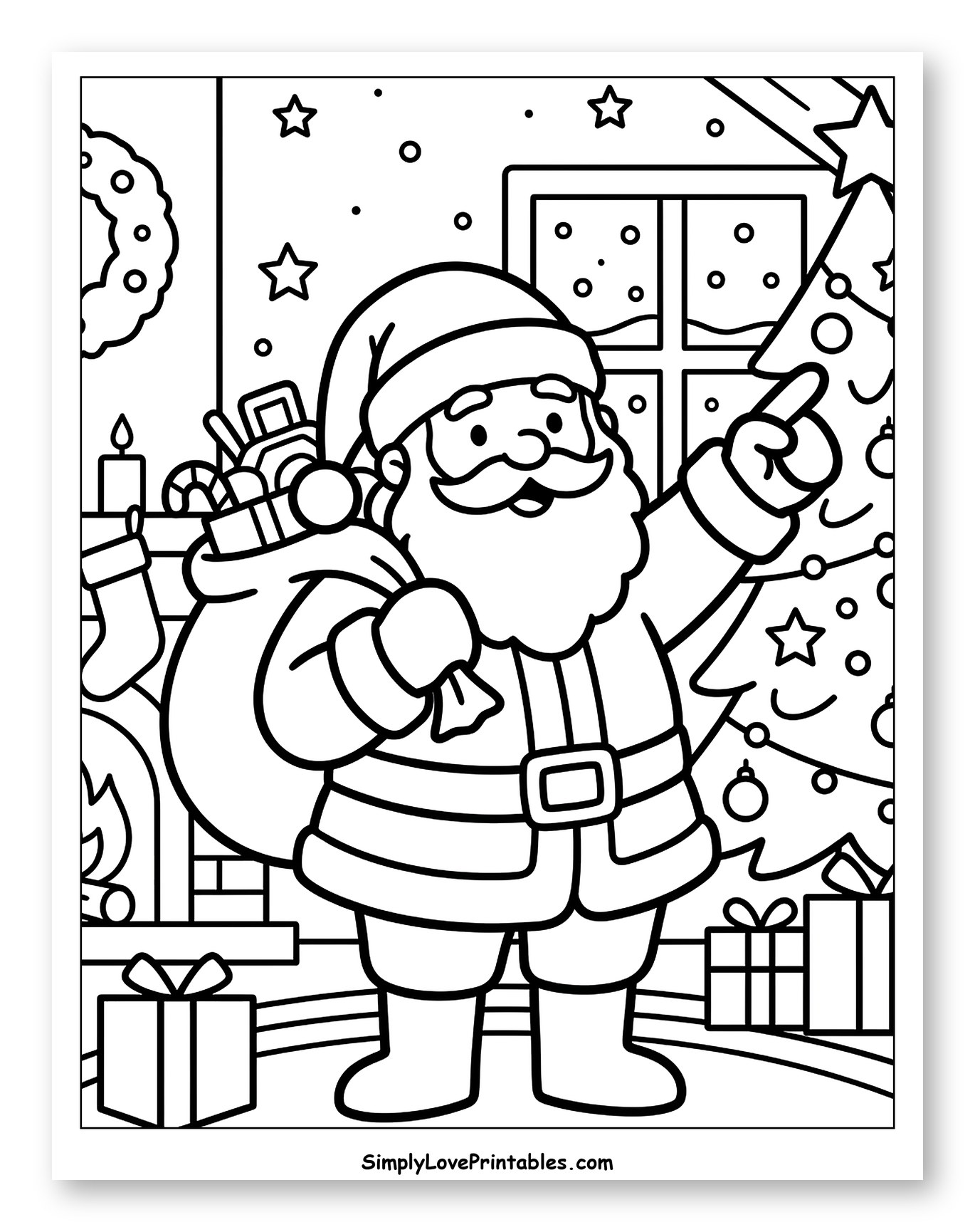 Jolly Santa Pointing at a Christmas Tree