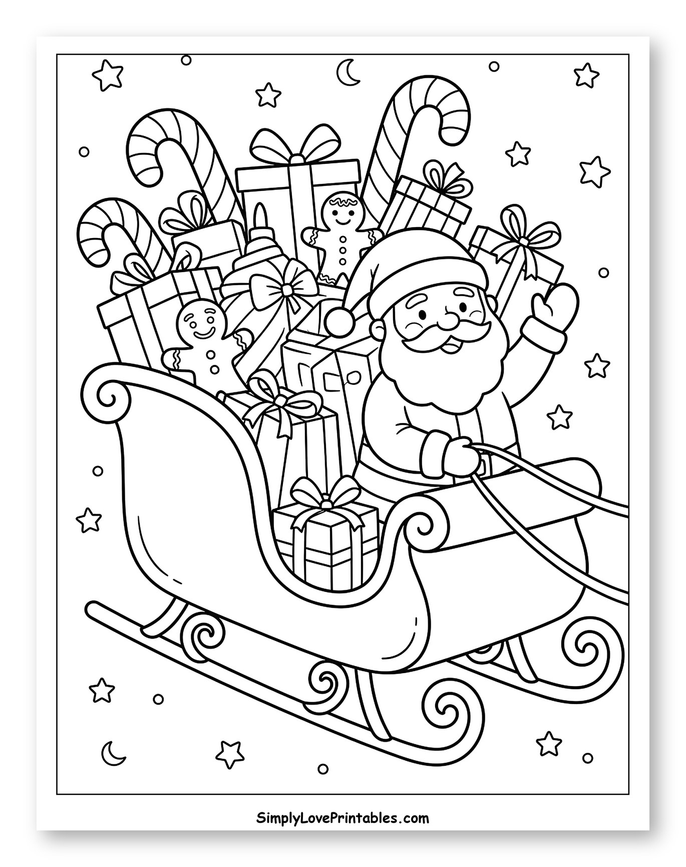 Jolly Santa Waving from His Gift-Filled Sleigh