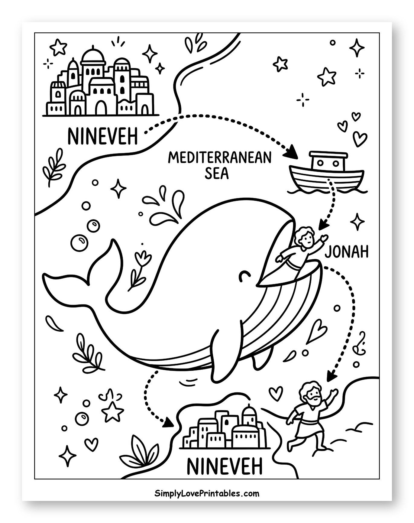 Jonah and the Whale Story Map Coloring Page for Adults