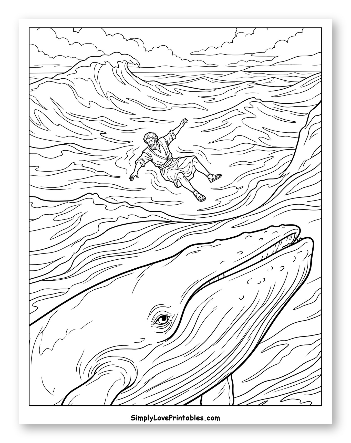 Jonah Floating in Rough Ocean with Whale