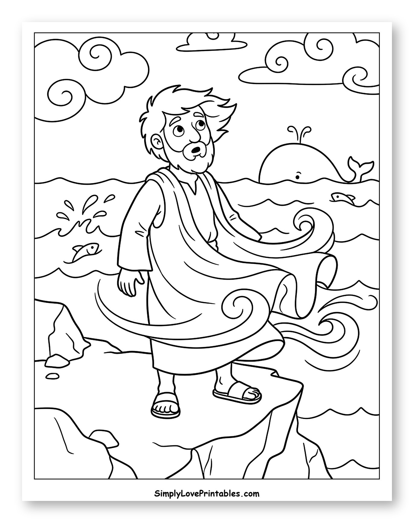 Jonah on the Cliff with the Whale Coloring Page for Kids