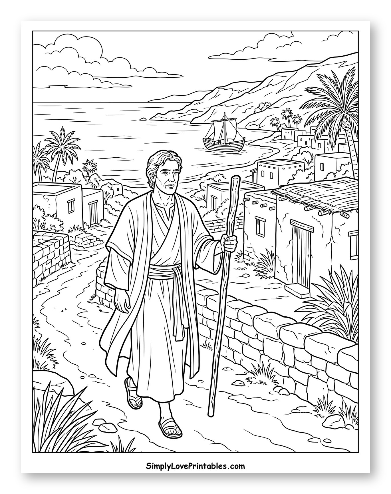 Jonah Walking Along a Village Coastline to Color