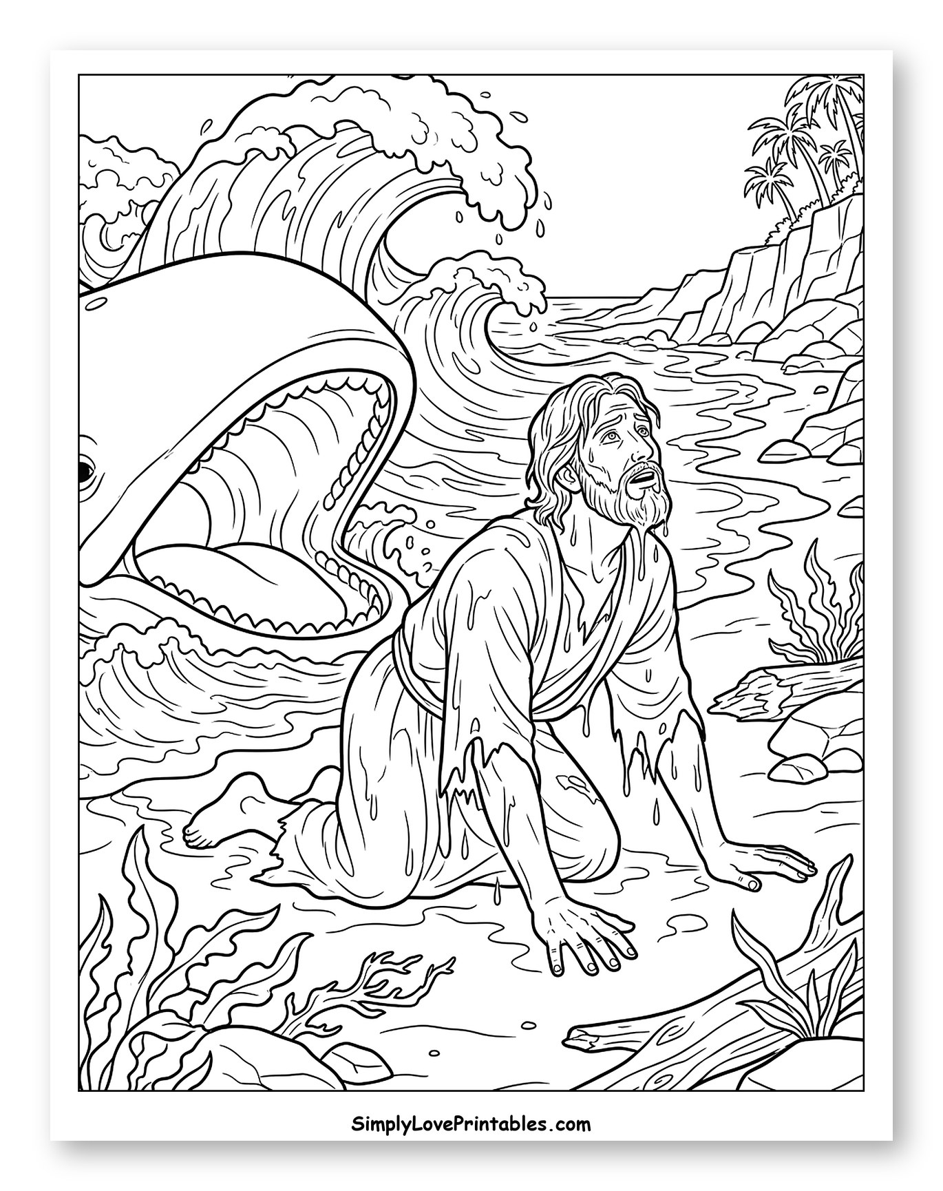 Jonah Washed Ashore by the Whale Coloring Page