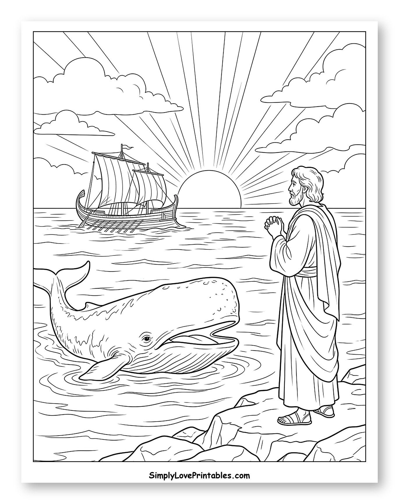 Jonah, Whale, and Ship at Sunset Coloring Sheet
