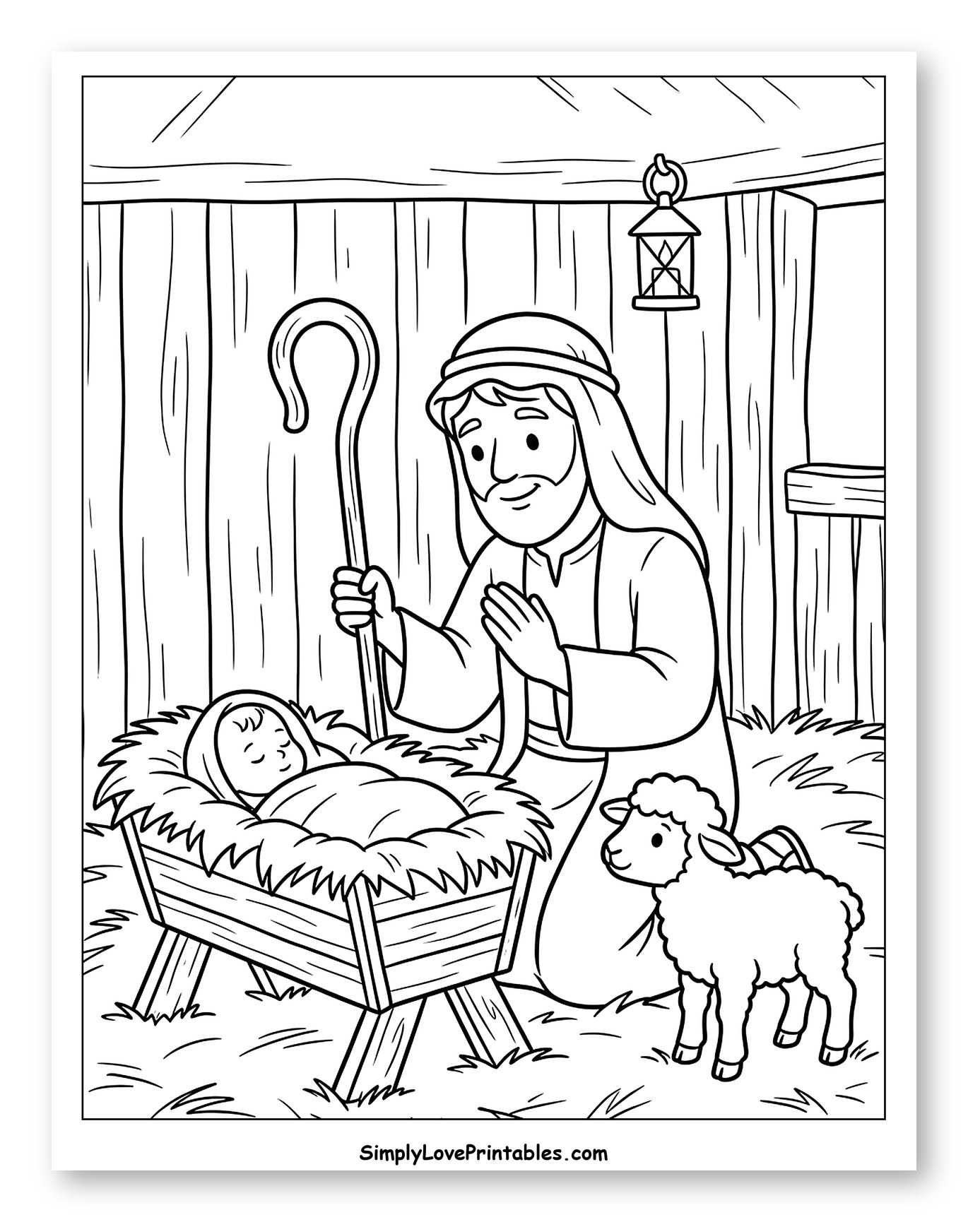 Joseph and Baby Jesus in Nativity Stable to Color for Kids