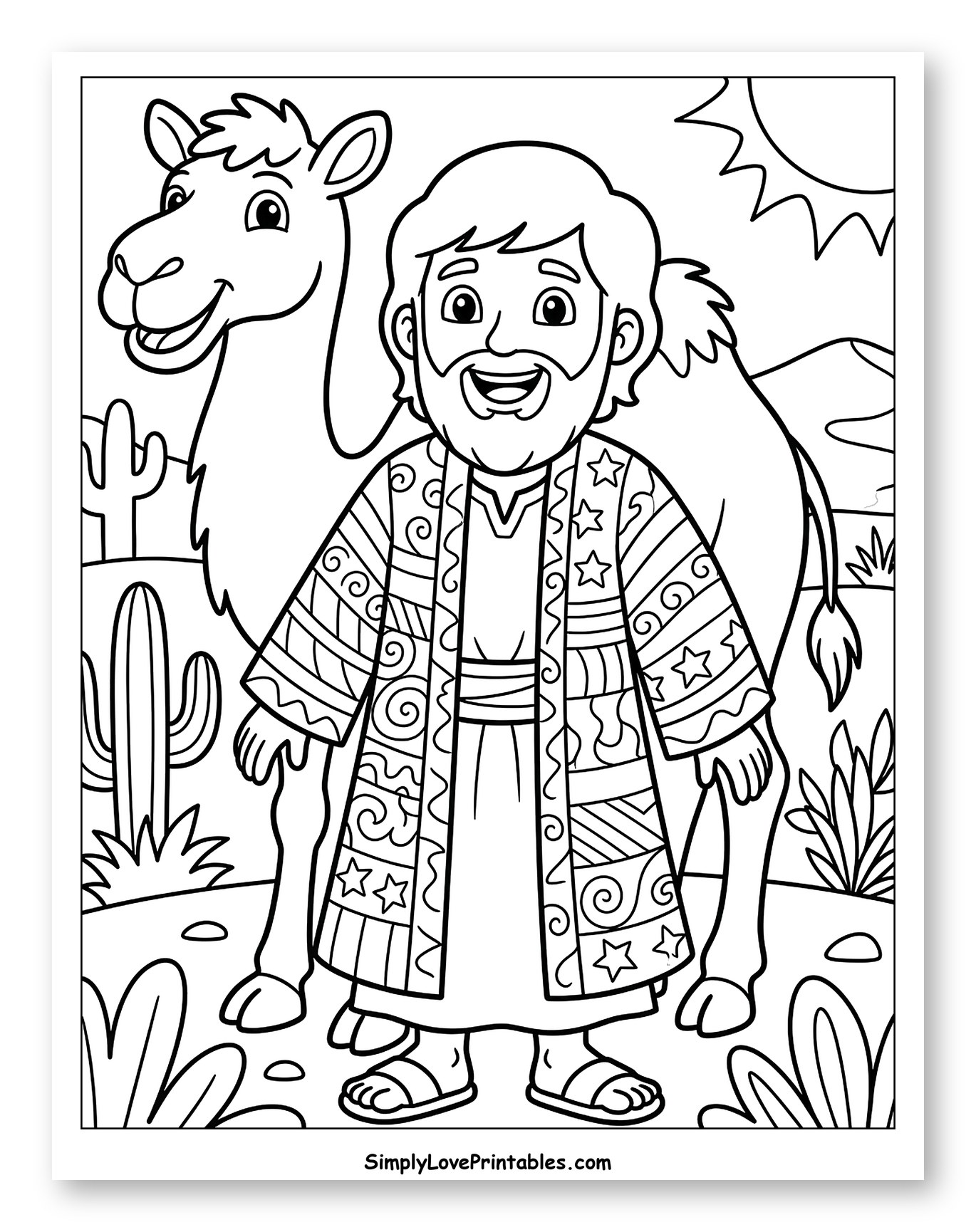 Joseph and His Camel in the Desert Coloring Sheet for Kids