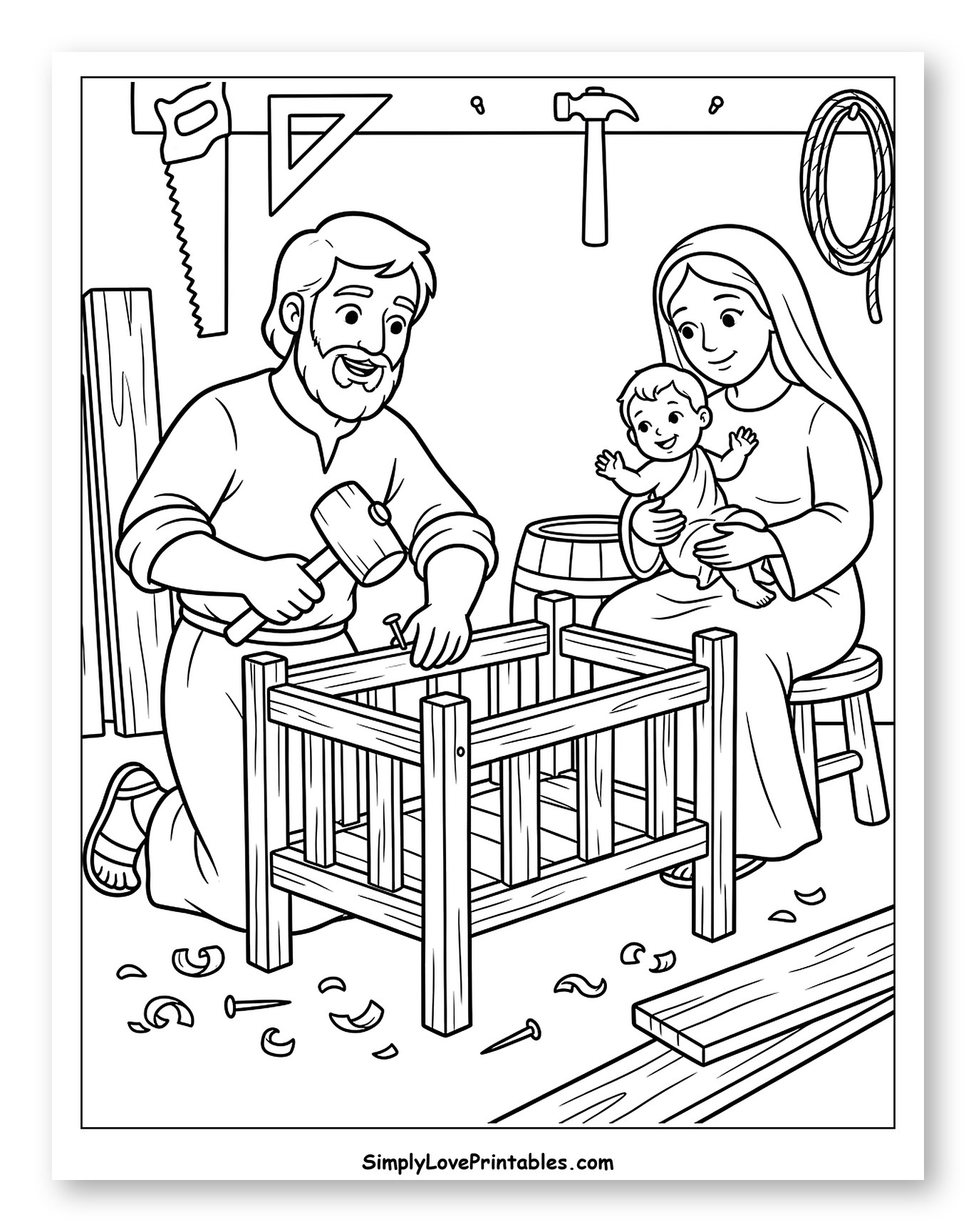 Joseph Building Crib for Baby Jesus to Color for Kids