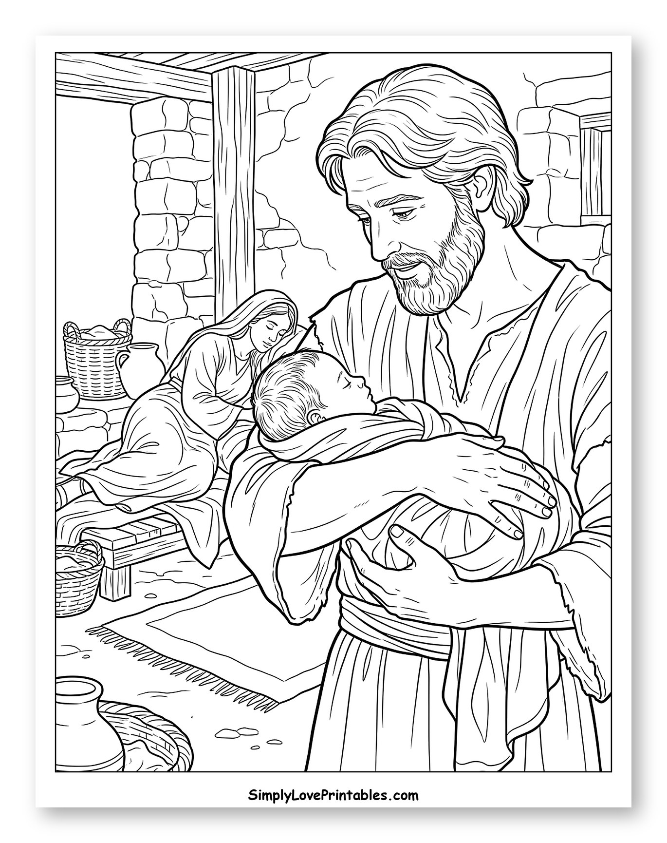 Joseph Cradling Baby Jesus as Mary Rests Coloring Sheet
