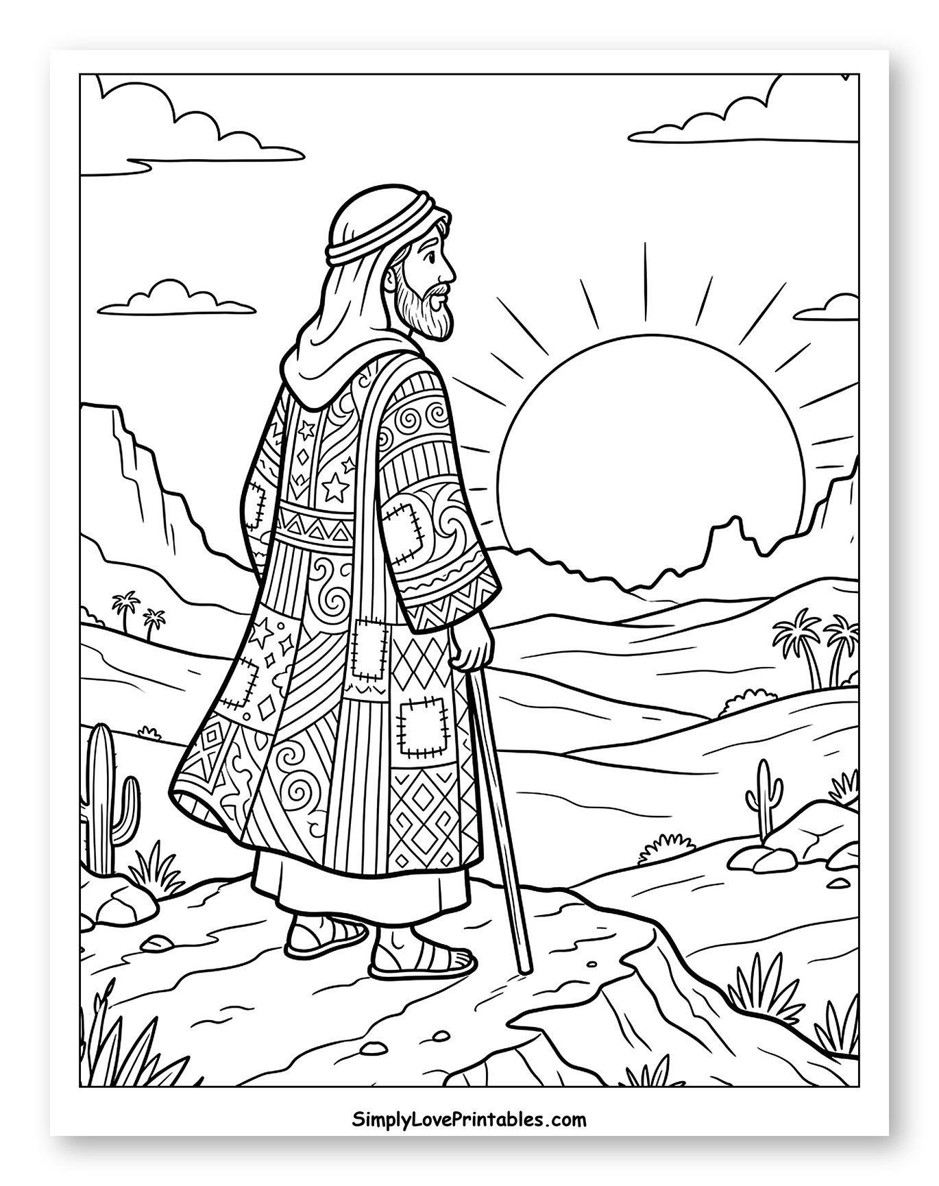 Joseph in Patterned Coat Walking Desert Path Coloring Sheet for Kids