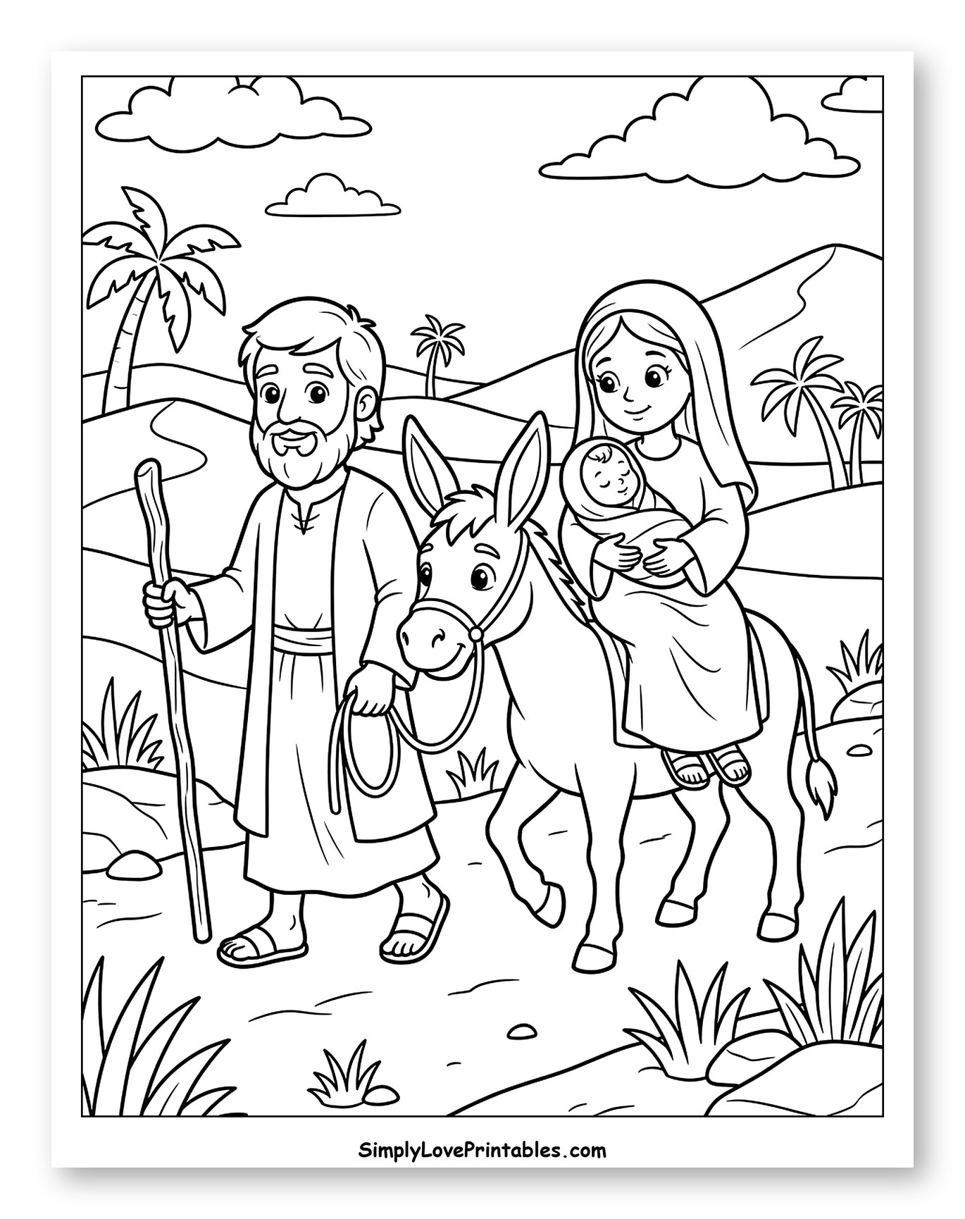 Joseph Leading Mary and Baby Jesus Coloring Sheet for Kids