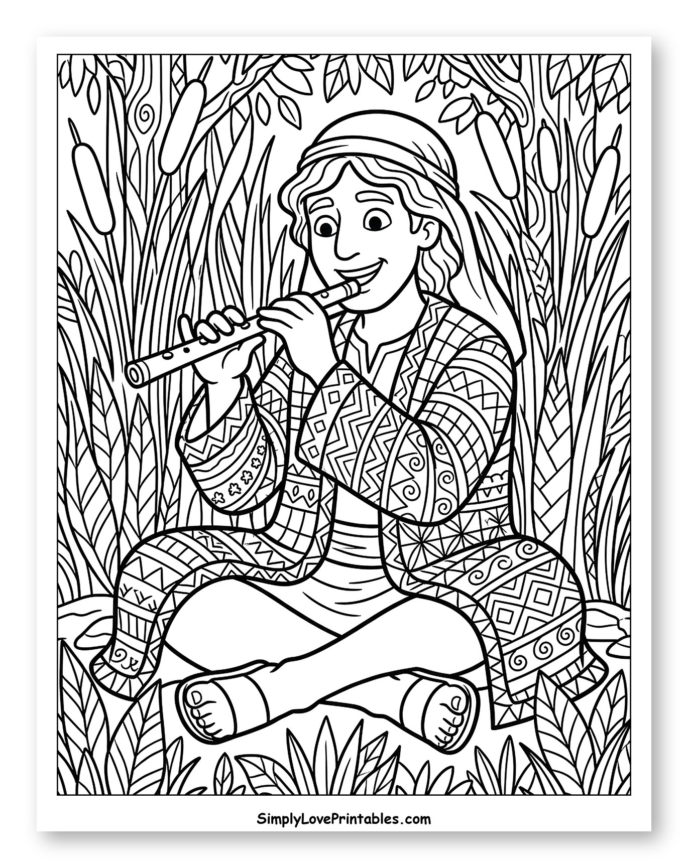 Joseph Playing Flute in Reedy Landscape Coloring Sheet for Kids