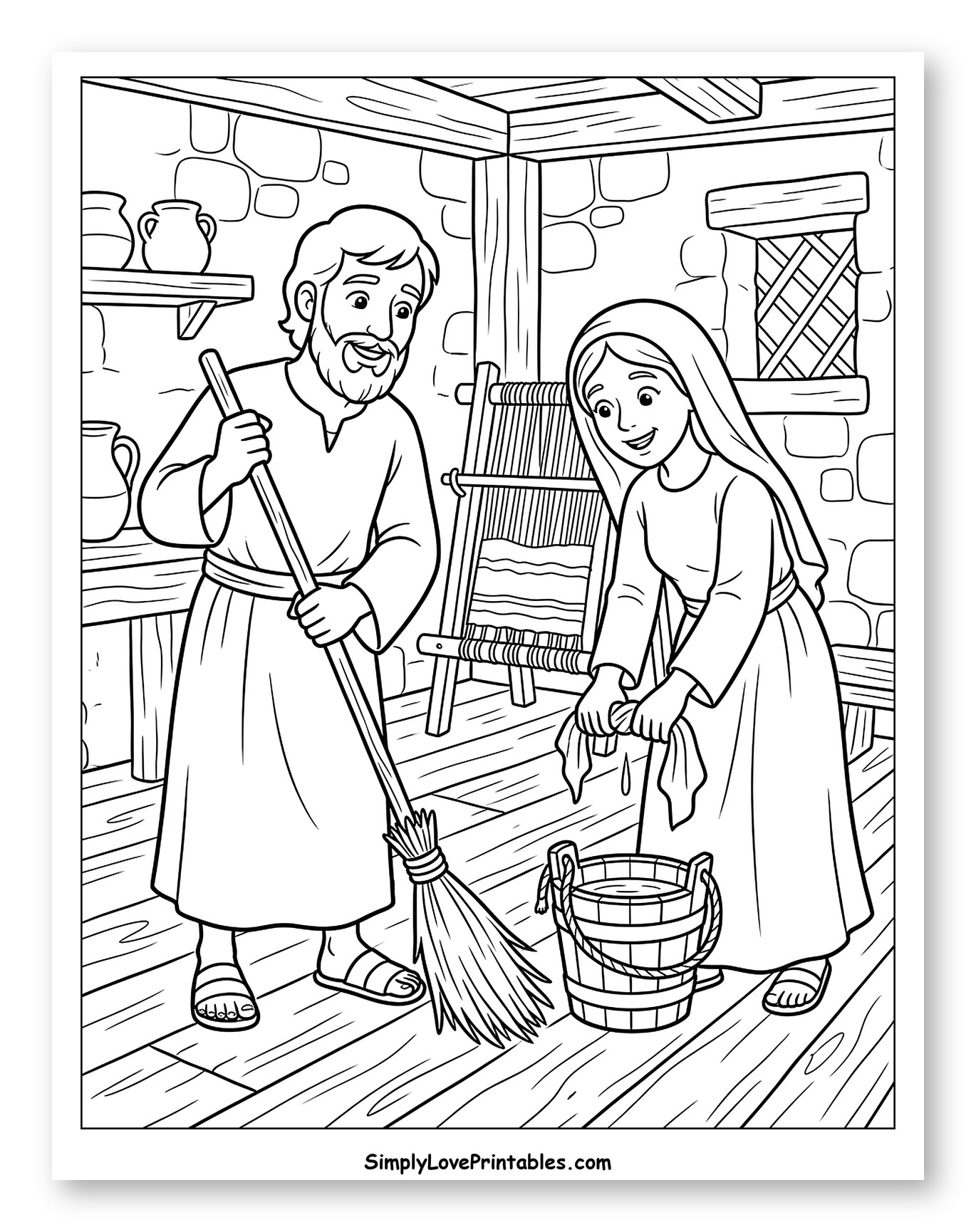 Joseph Sweeping While Mary Cleans