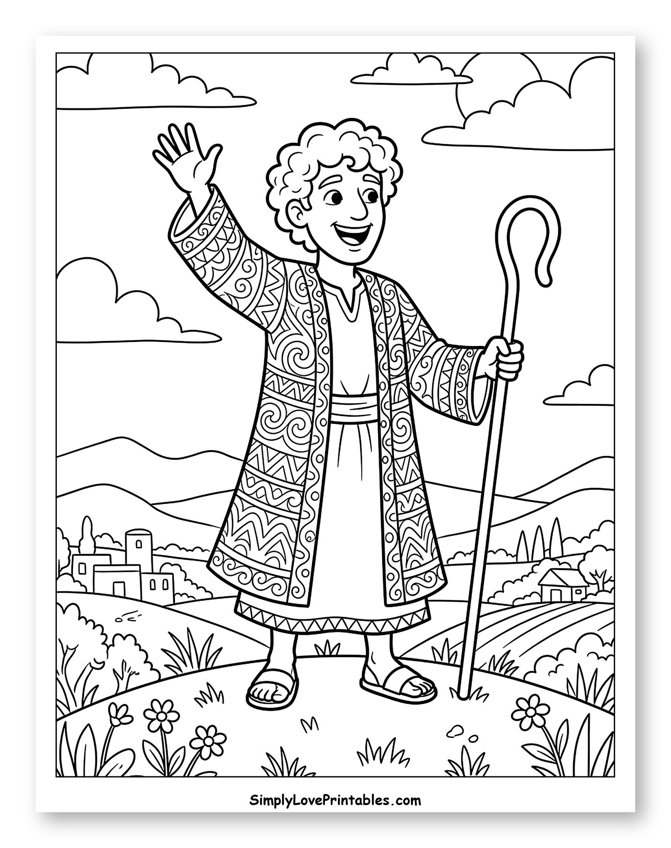 Joseph Waving with His Shepherd Staff Coloring Sheet for Kids