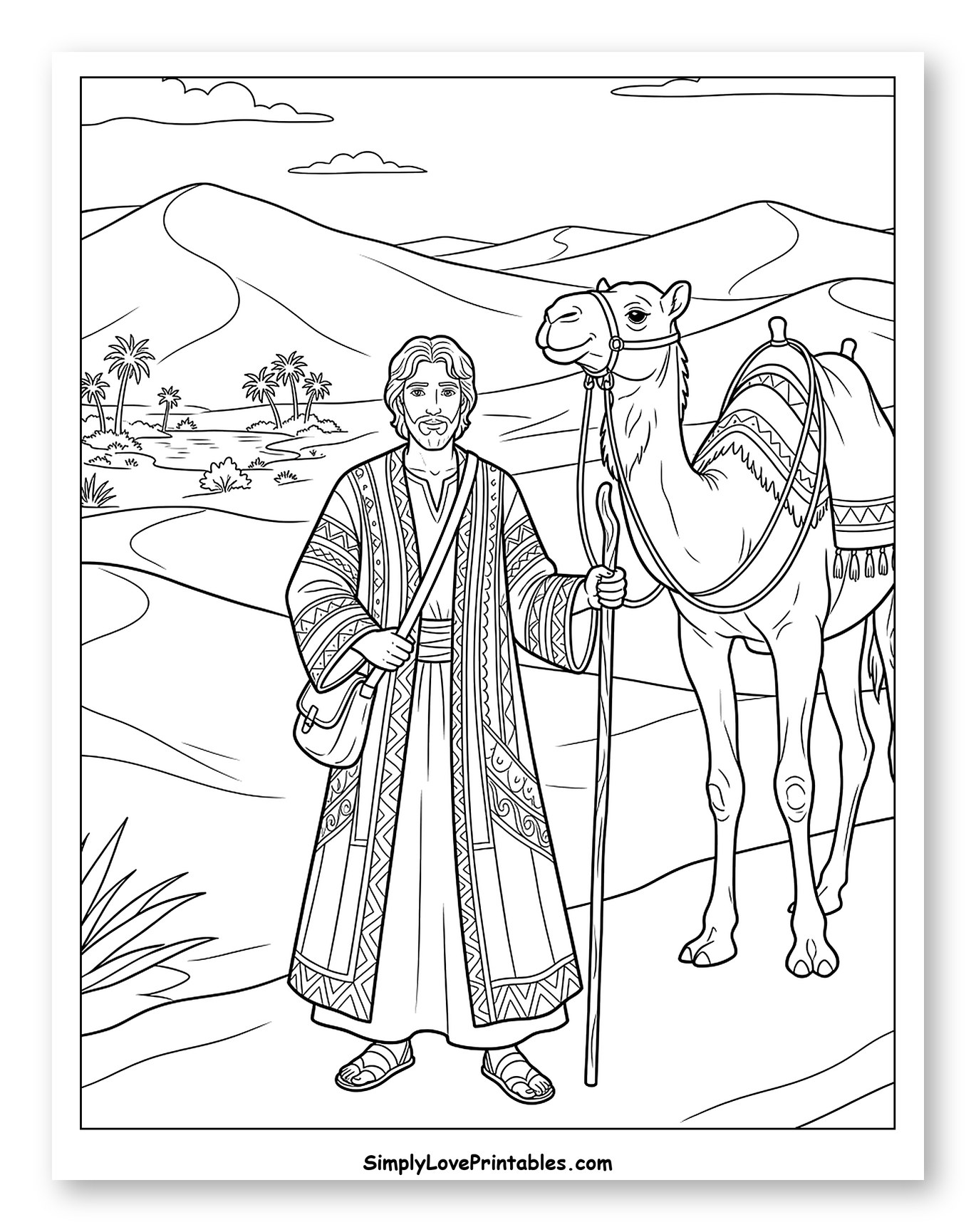 Joseph with his camel and an oasis