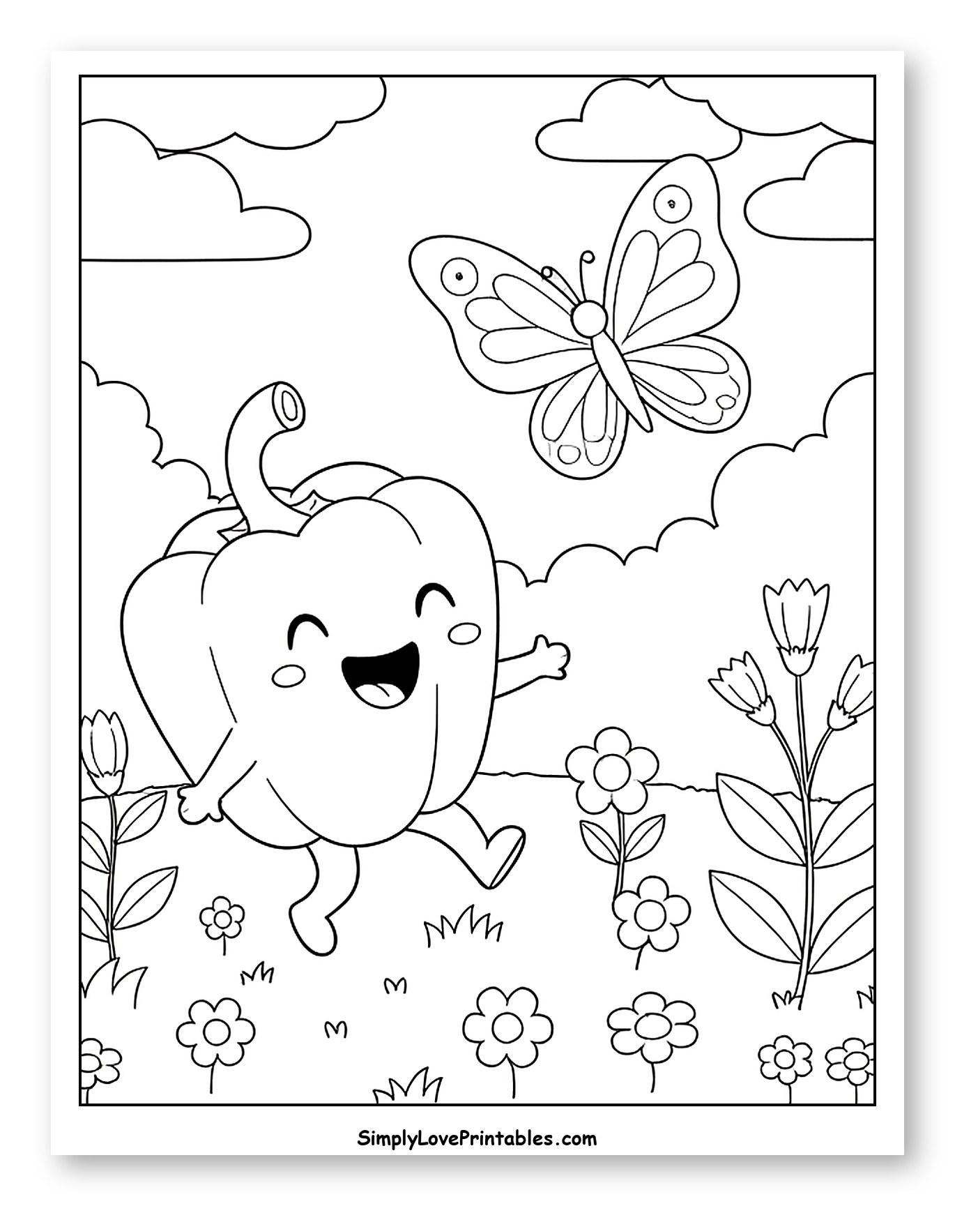 Joyful Bell Pepper with a Flying Butterfly Coloring Page for Kids
