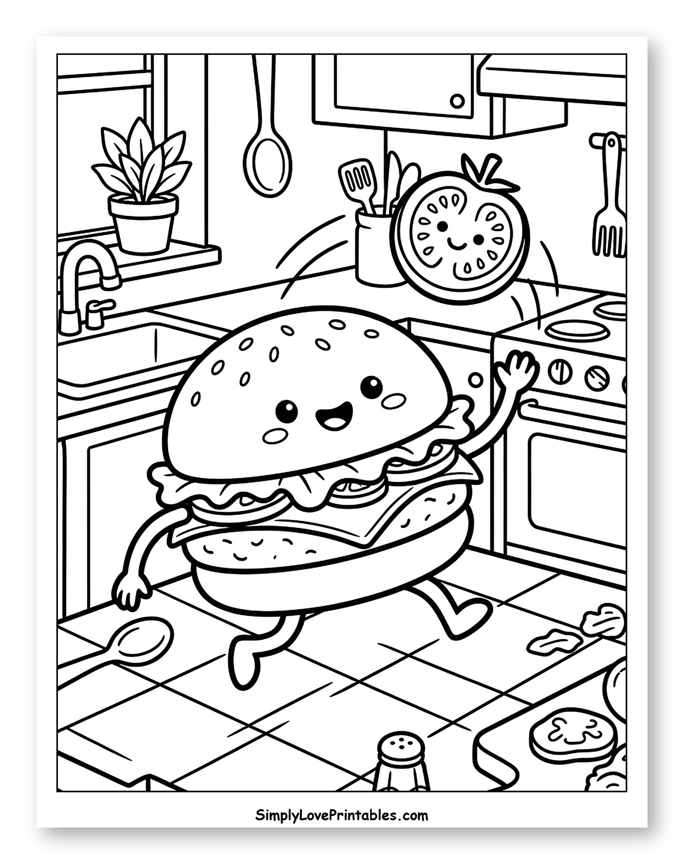 Joyful Burger and Tomato Cooking Adventure to Color for Kids