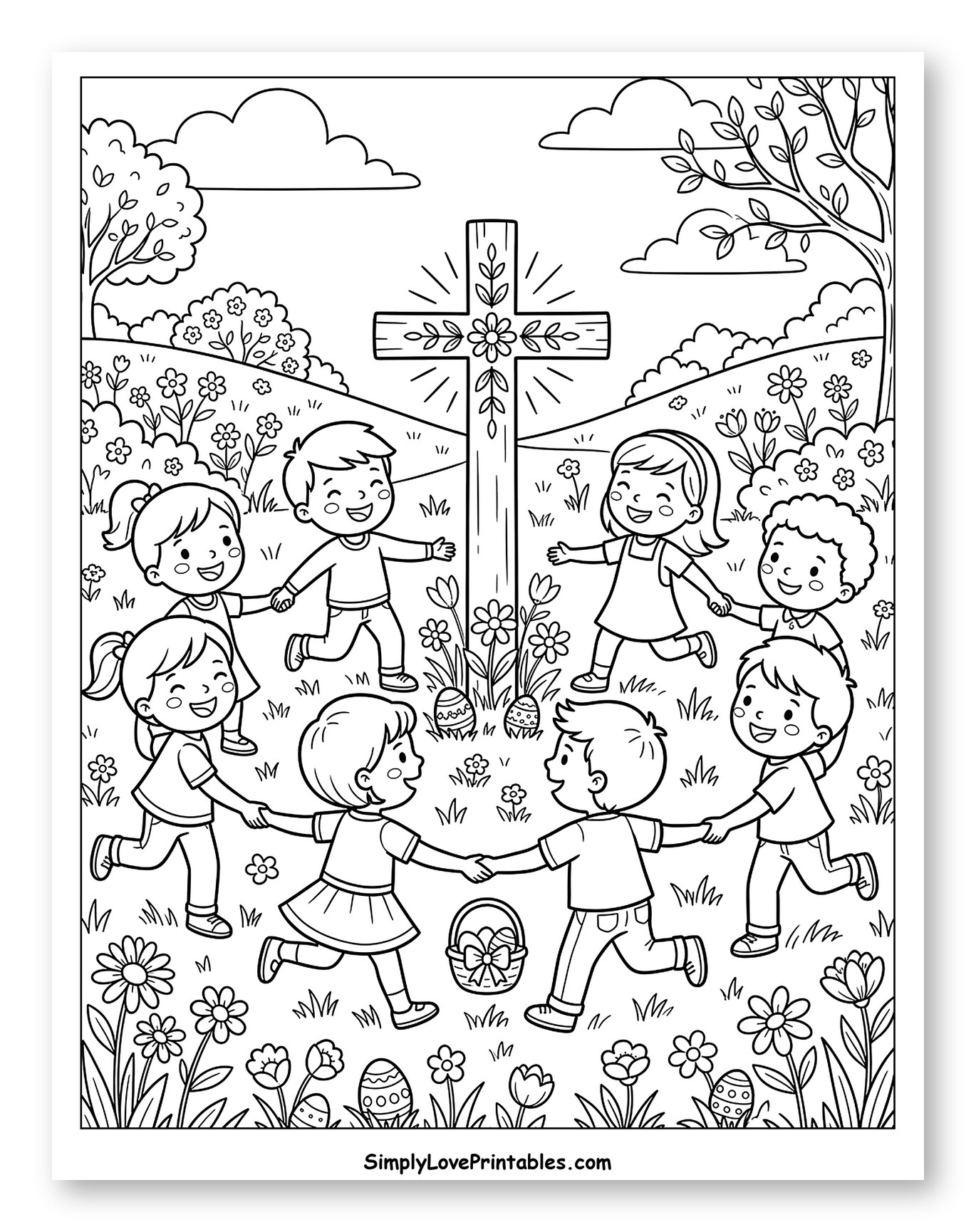 Joyful Children Around Cross and Easter Eggs Coloring Sheet for Kids