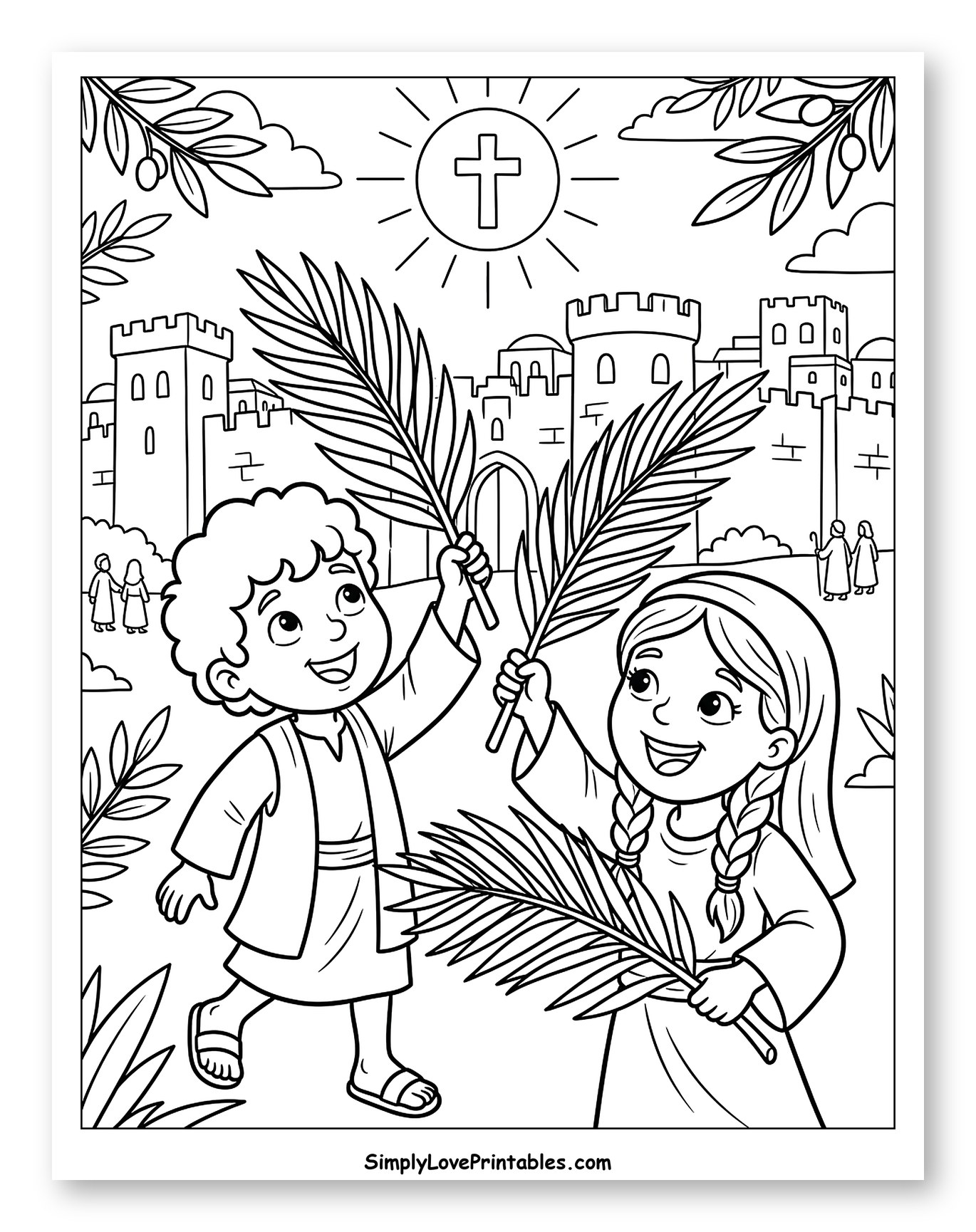 Joyful Children with Palm Branches and City