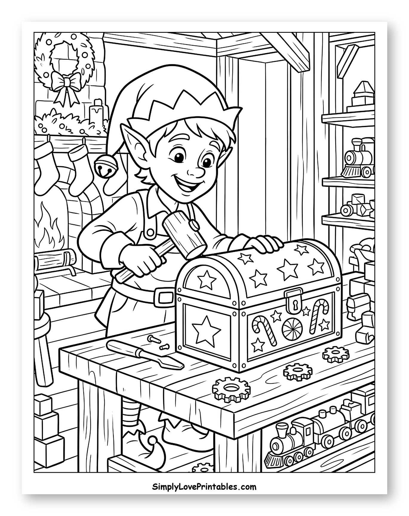 Joyful Christmas Elf Crafting a Toy Chest Coloring Page