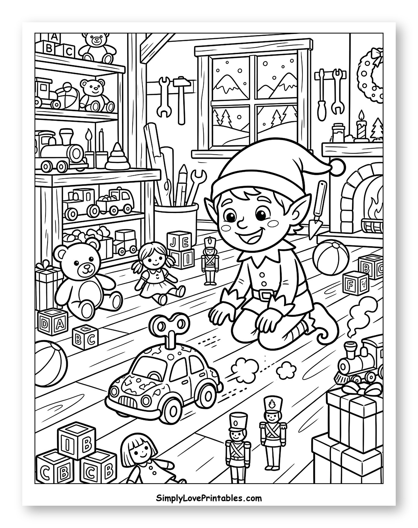 Joyful Christmas Elf Playing with Workshop Toys