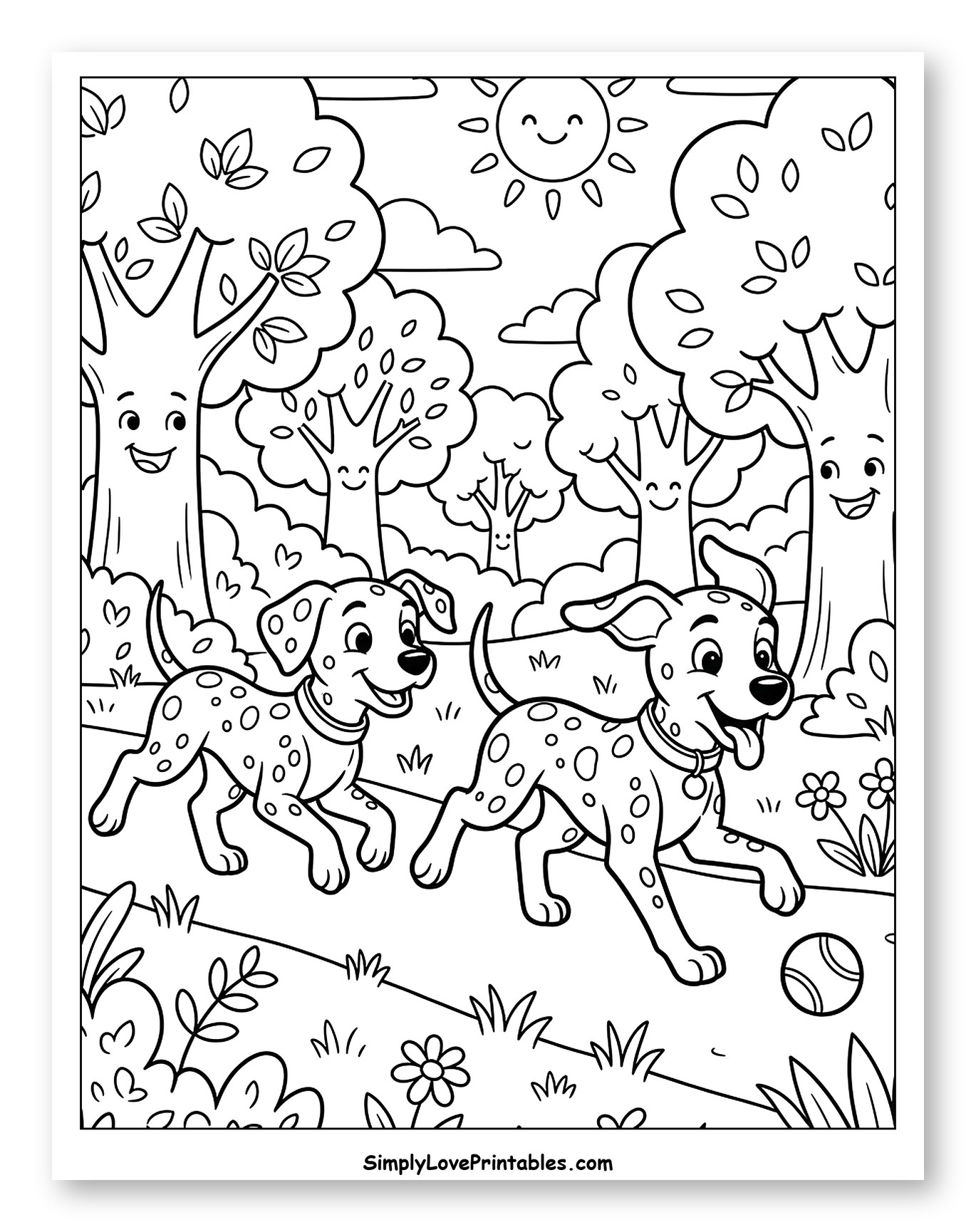 Joyful Dalmatian Dogs in a Sunny Forest Coloring Sheet for Kids