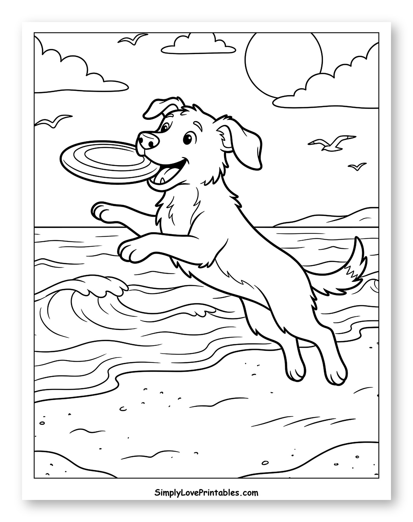 Joyful Dog Leaping with Frisbee by the Ocean Coloring Sheet for Kids