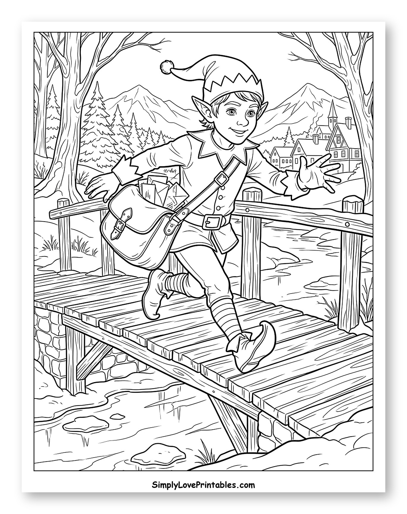 Joyful Elf Delivering Holiday Mail Across a Bridge