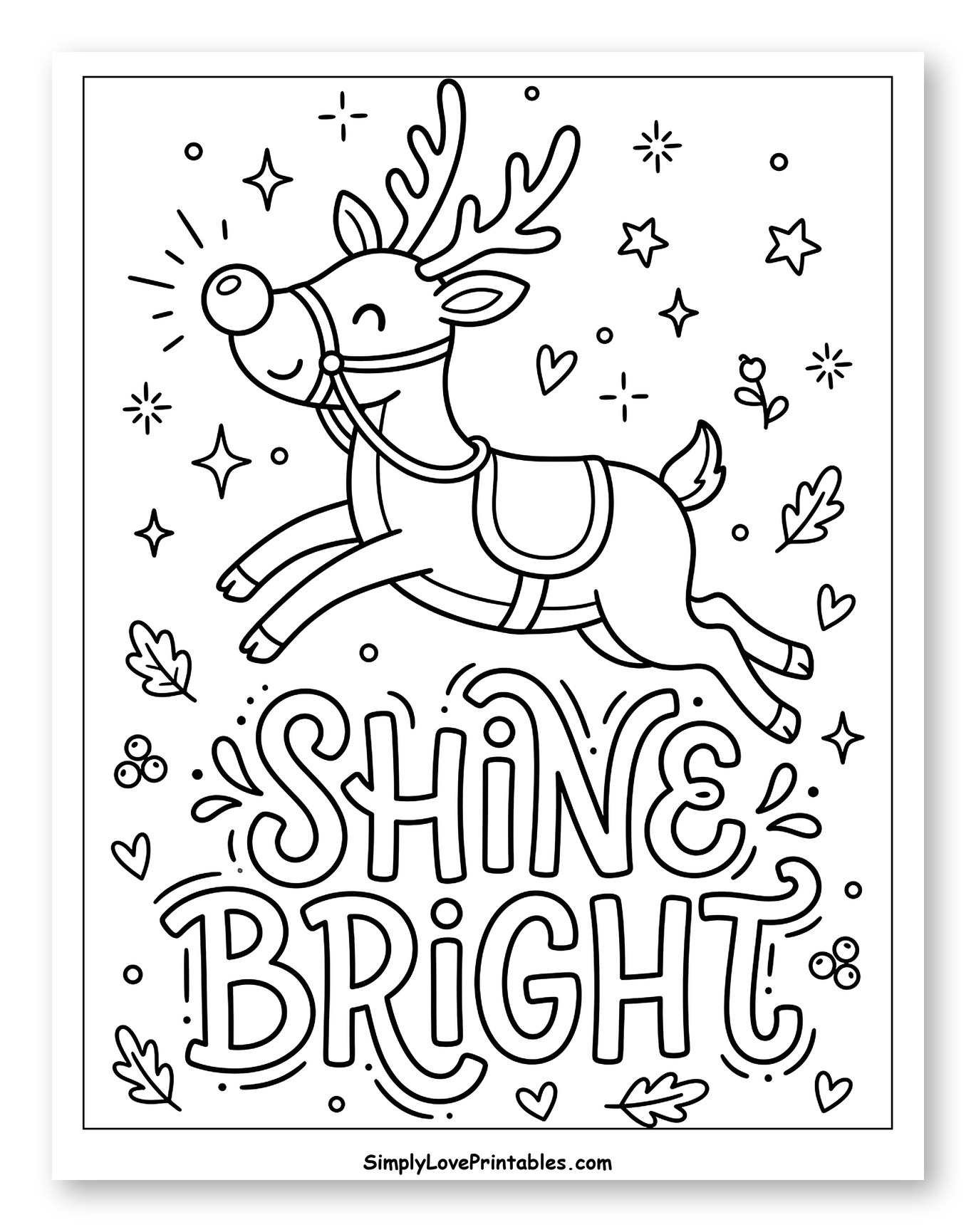 Joyful Flying Reindeer with Shine Bright Message to Color for Adults
