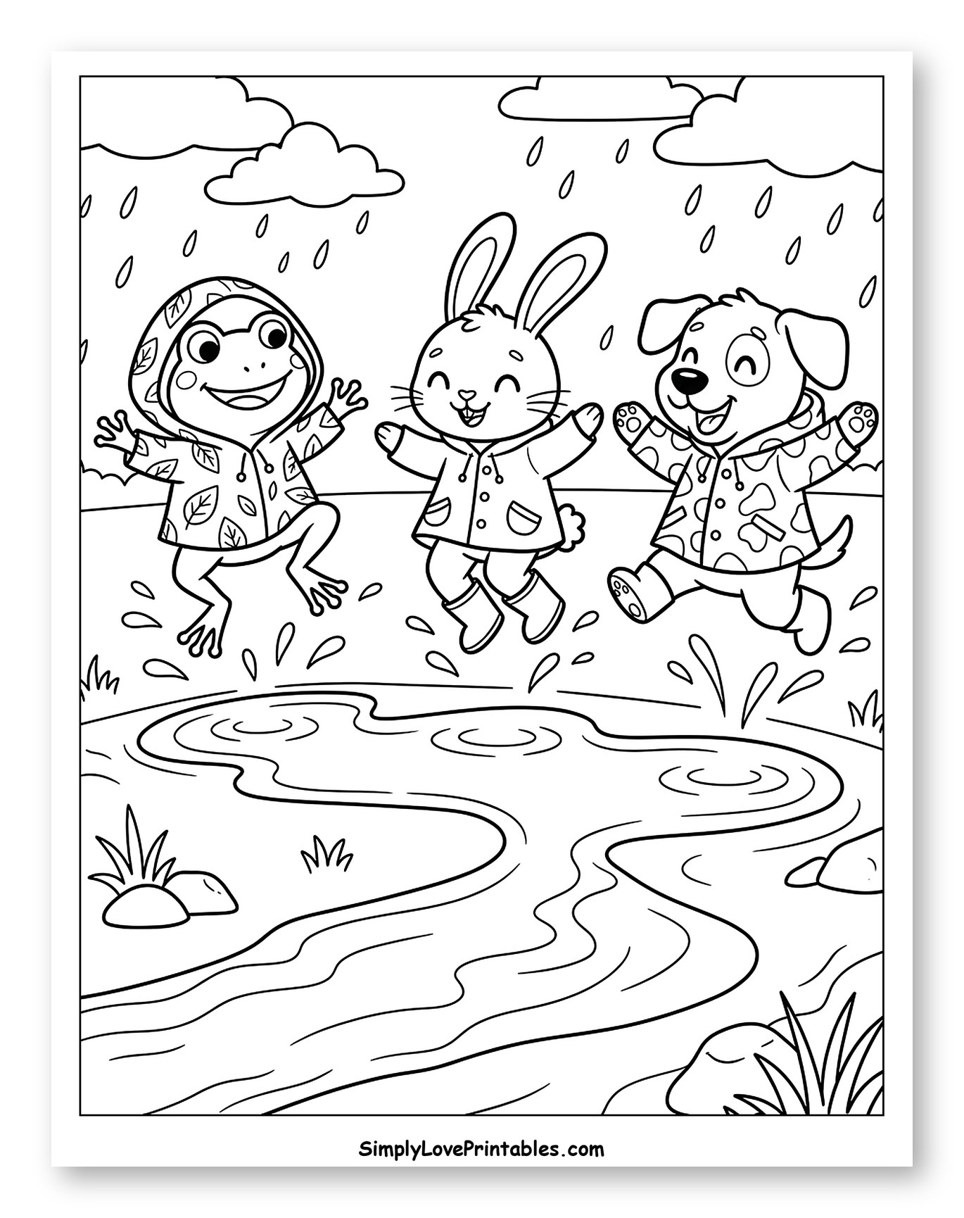 Joyful Friends Jumping in Rainy Puddles