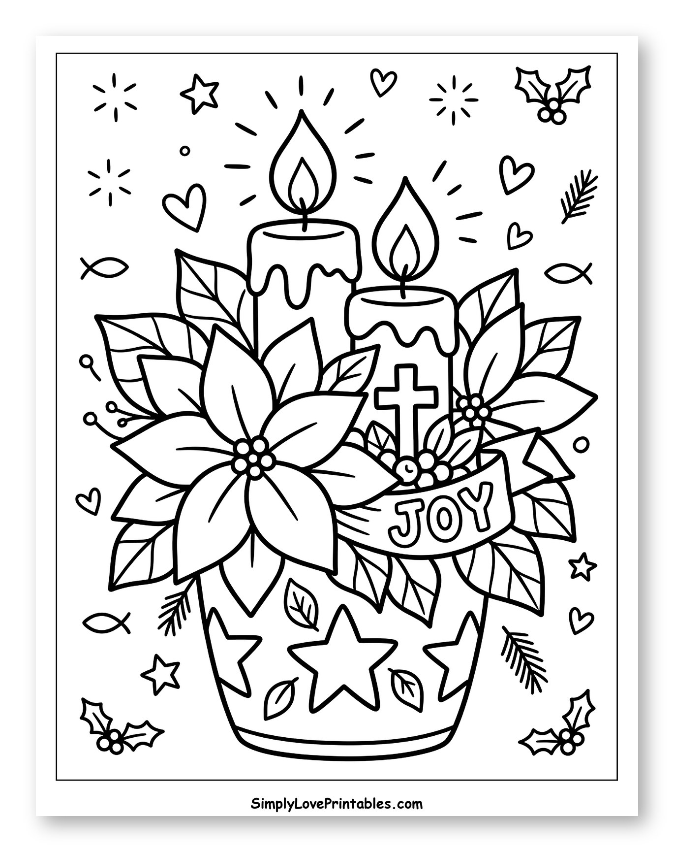 Joyful Holiday Candles with Poinsettia and Stars Coloring Page for Adults