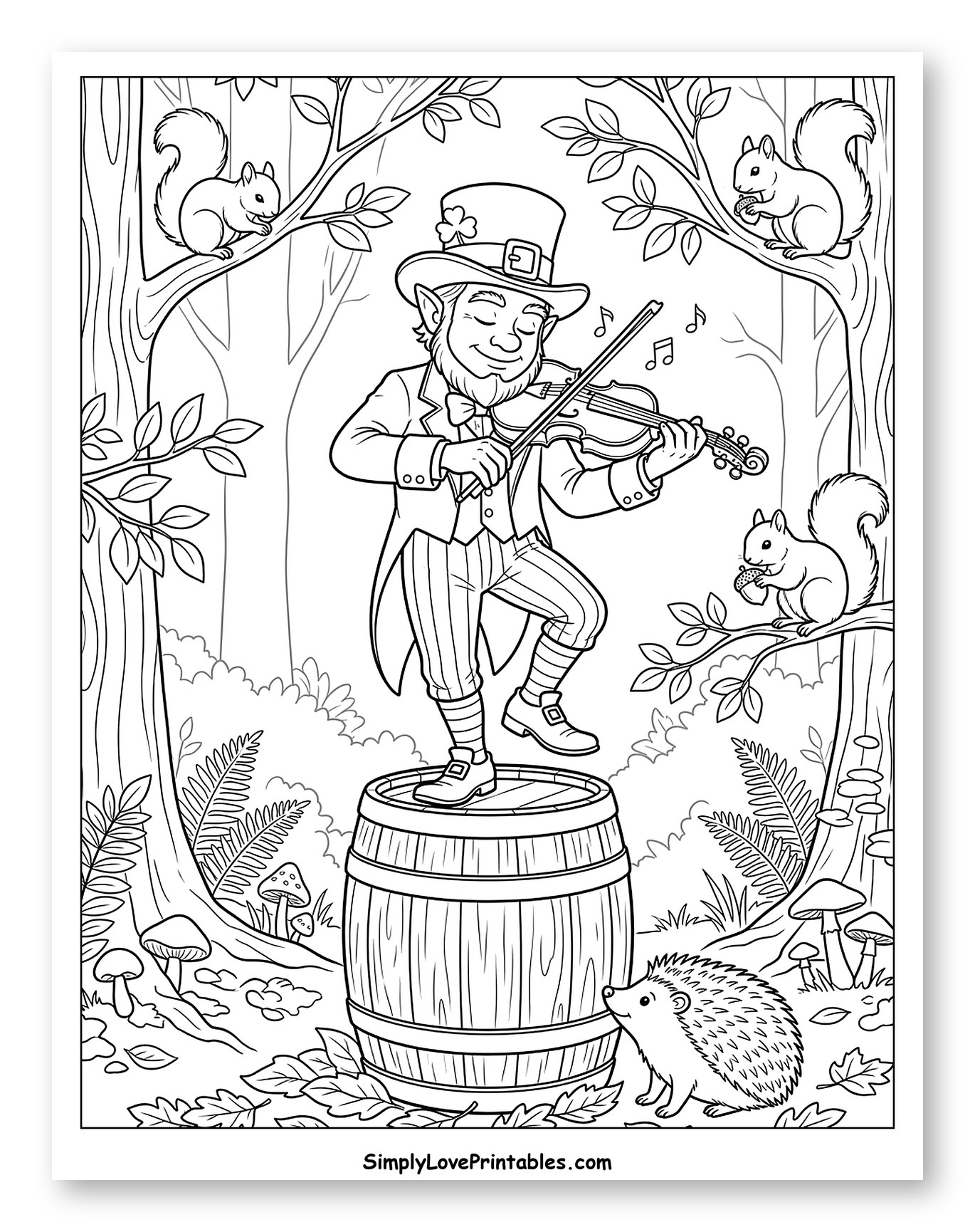Joyful Leprechaun Fiddler with Forest Friends to Color