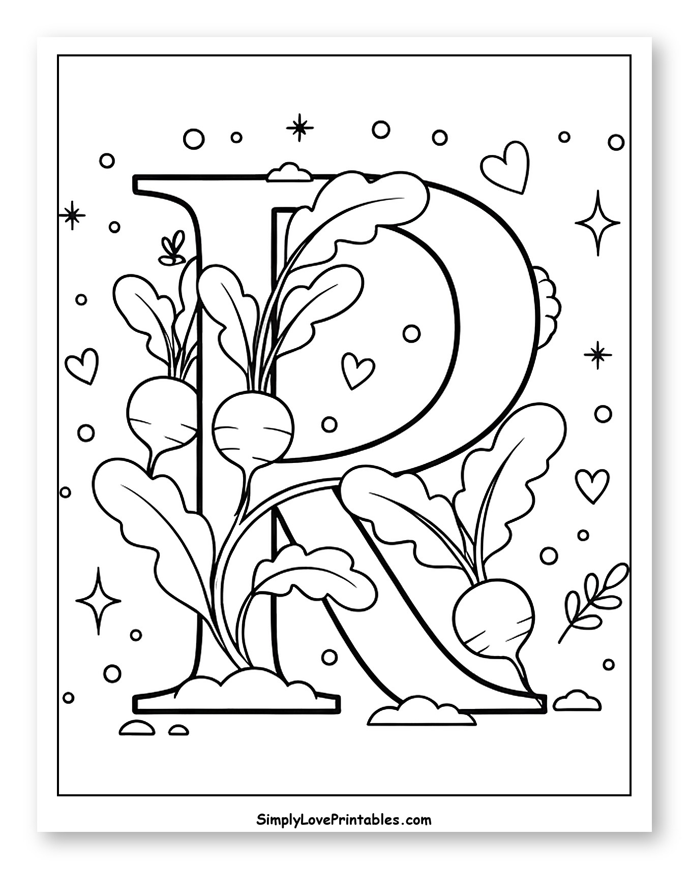 Joyful Letter R with Radish Plants Coloring Sheet for Adults