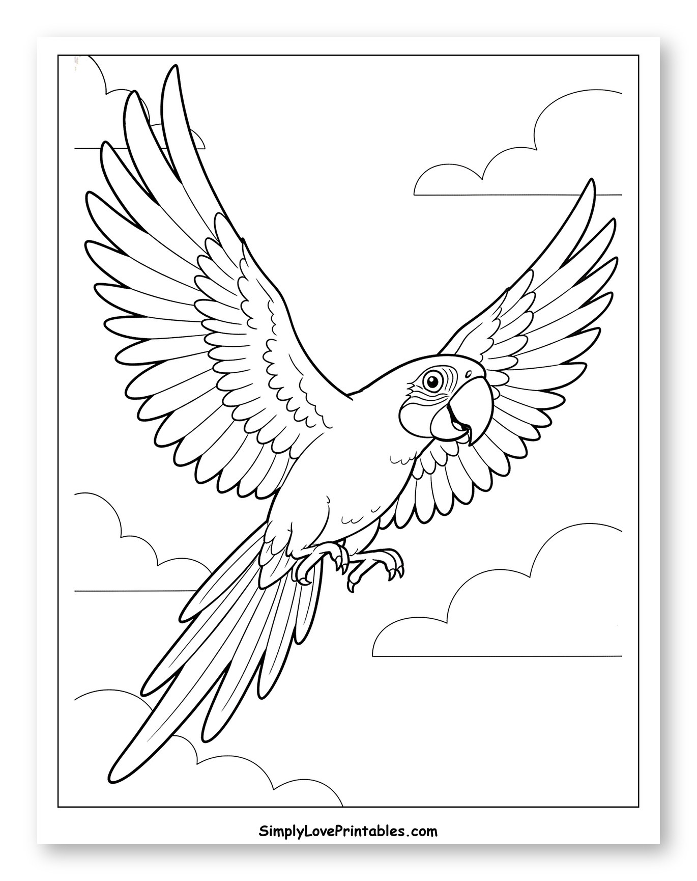 Joyful Macaw Flying with Clouds Coloring Sheet for Toddlers