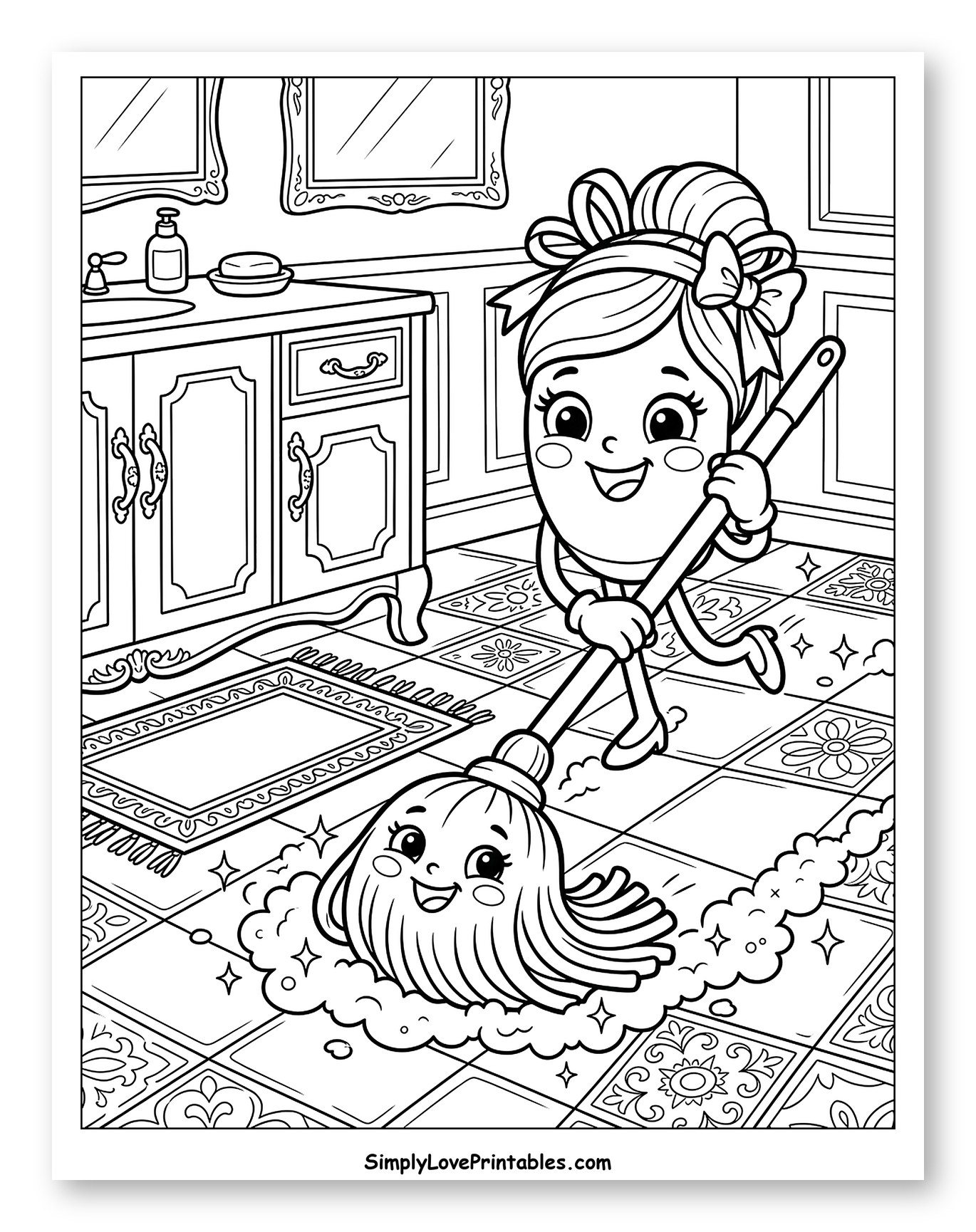 Joyful Mop Cleaning a Tiled Bathroom