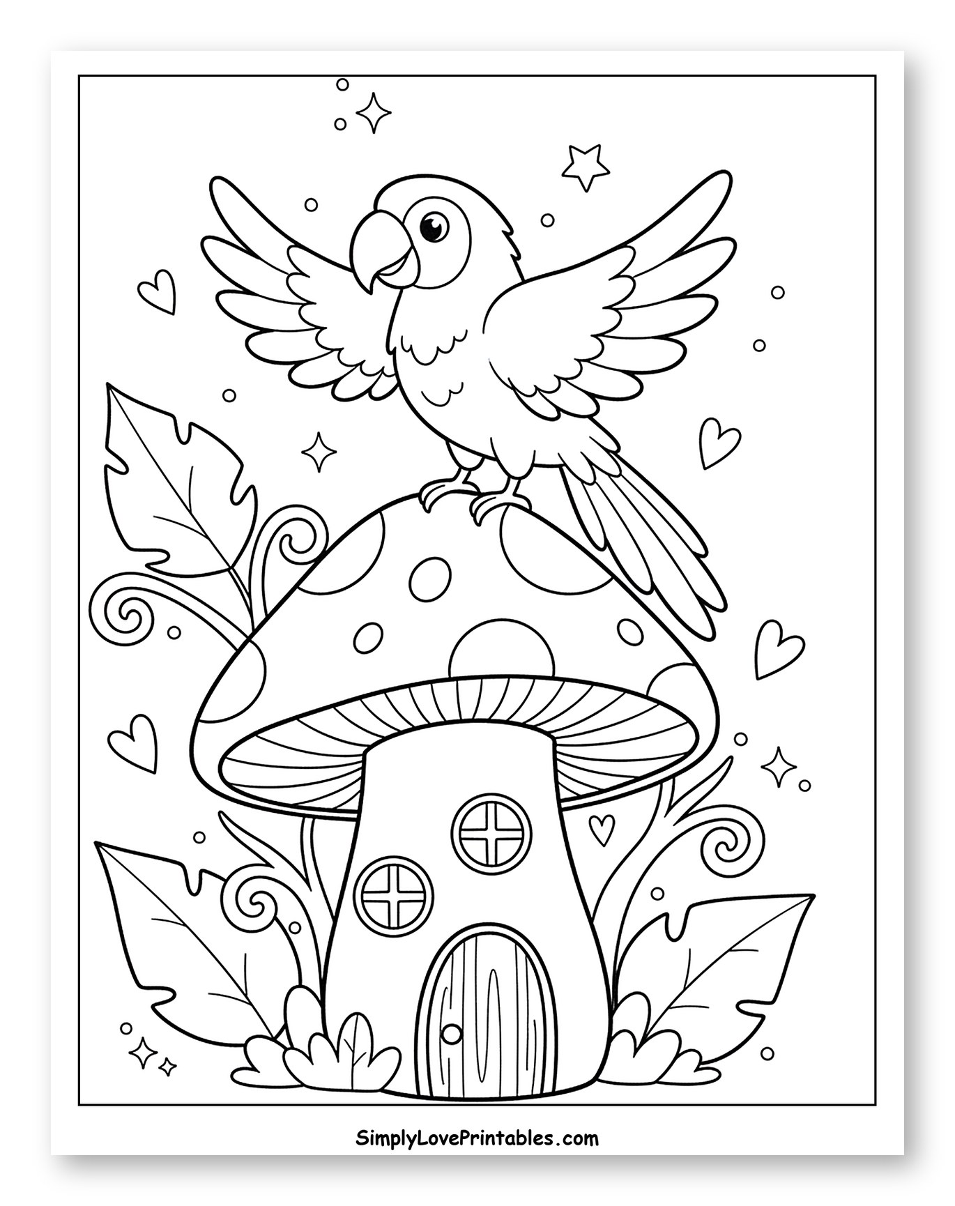 Joyful Parrot on a Fairy Mushroom House