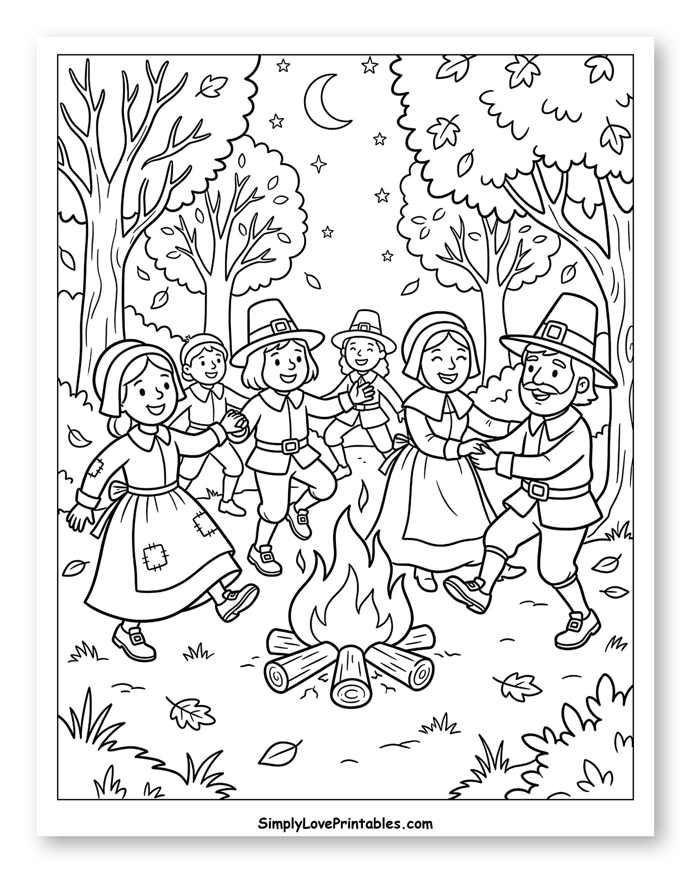 Joyful Pilgrims Dancing by Campfire Under Moon to Color for Kids