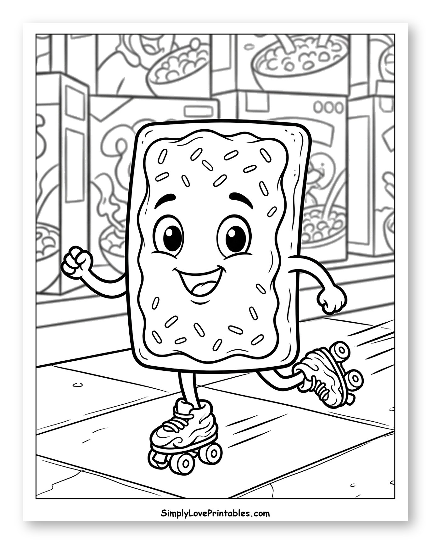 Joyful Pop Tart Roller Skating Past Cereal Boxes Coloring Sheet for Kids
