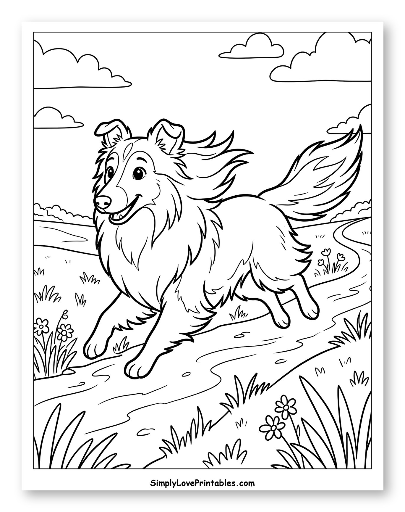 Joyful Sheltie Running in a Meadow Coloring Sheet for Kids