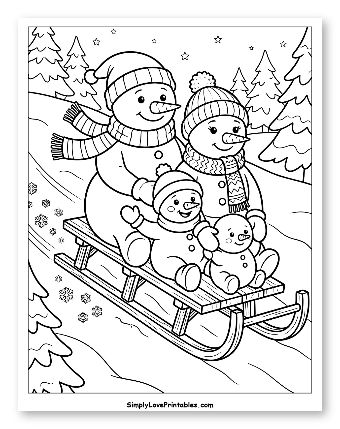 Joyful Snowman Family Riding a Wooden Sled