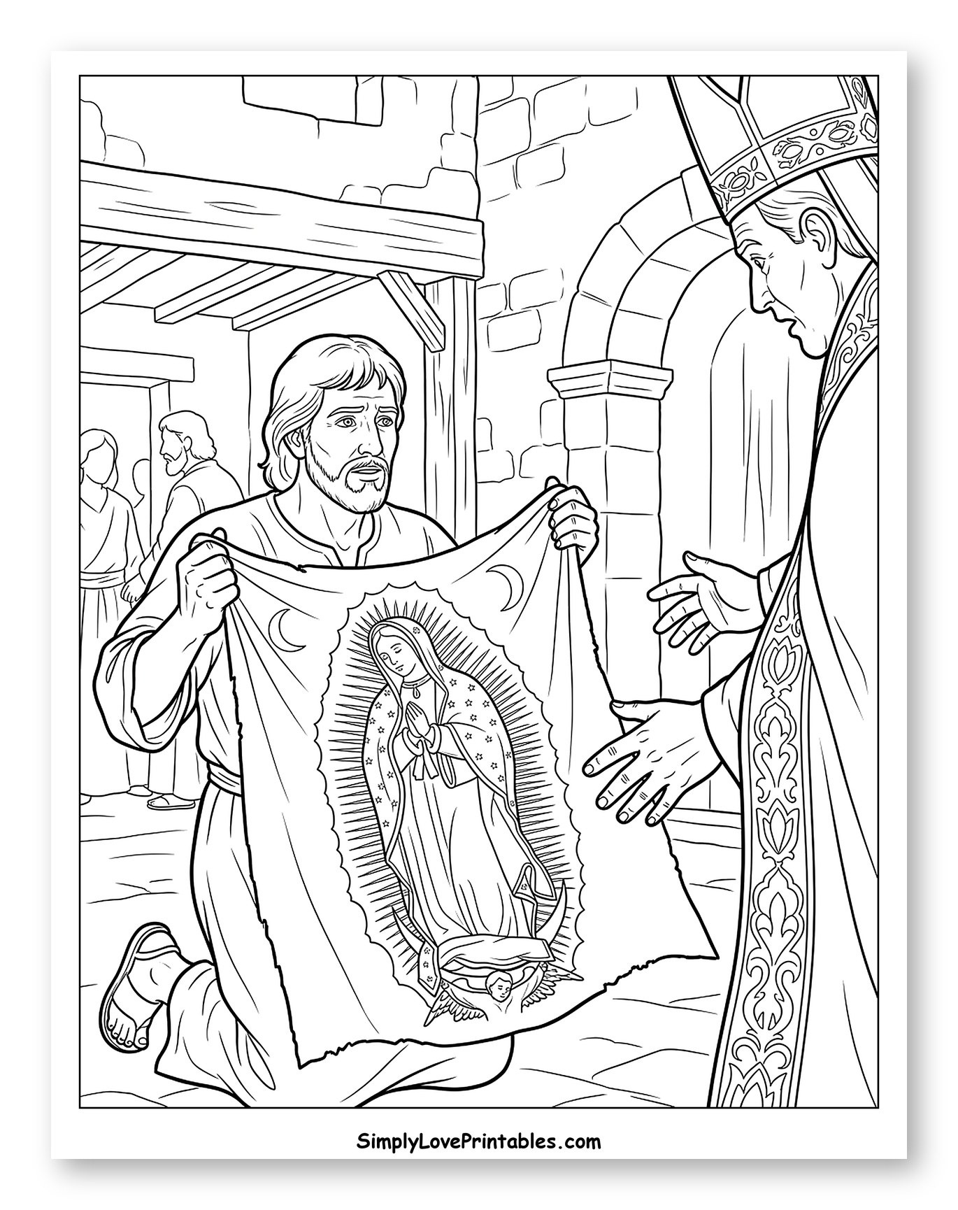 Juan Diego Presenting Miraculous Tilma to Bishop Coloring Page