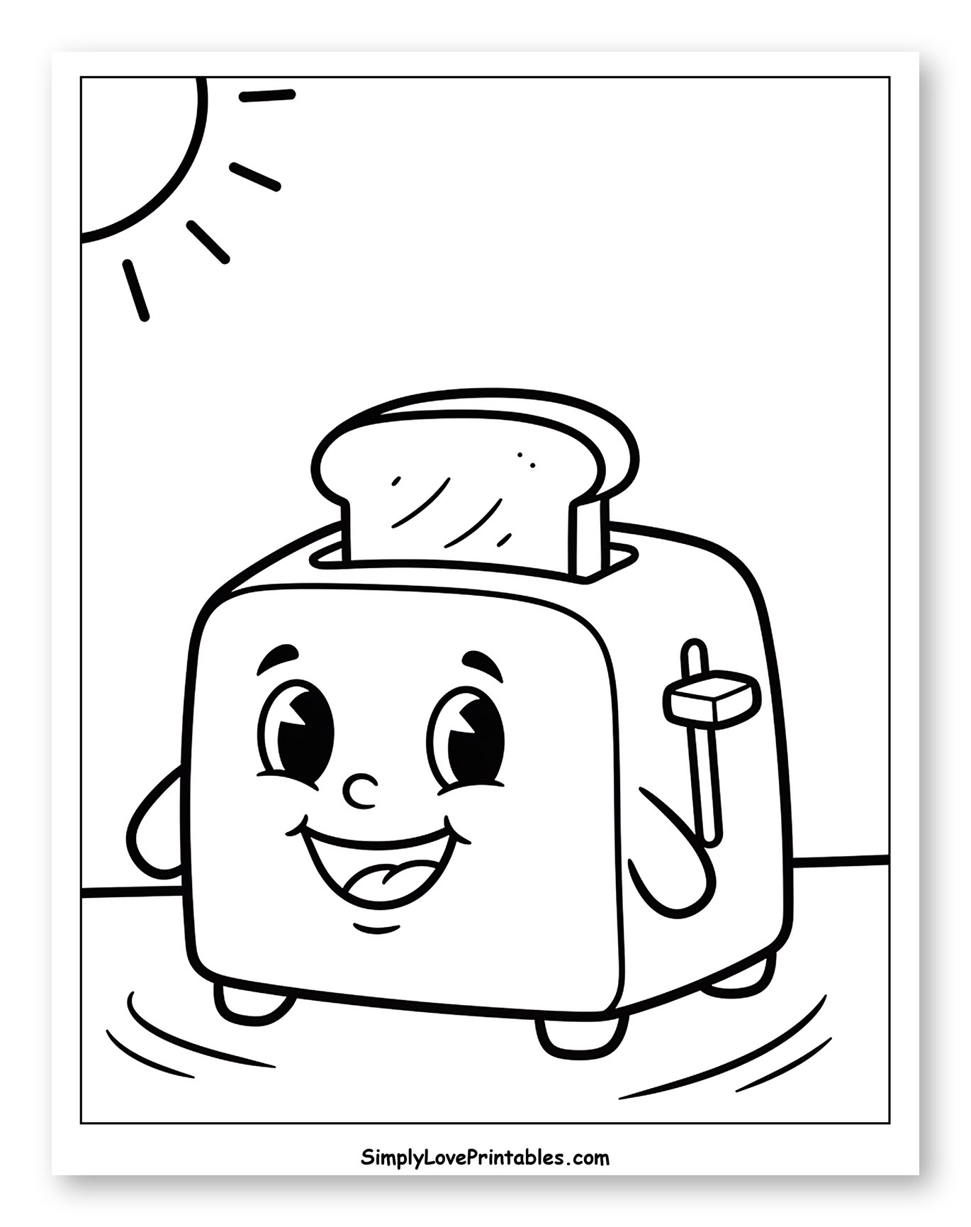 Jumping Toaster with Toast and Sun Coloring Sheet for Toddlers