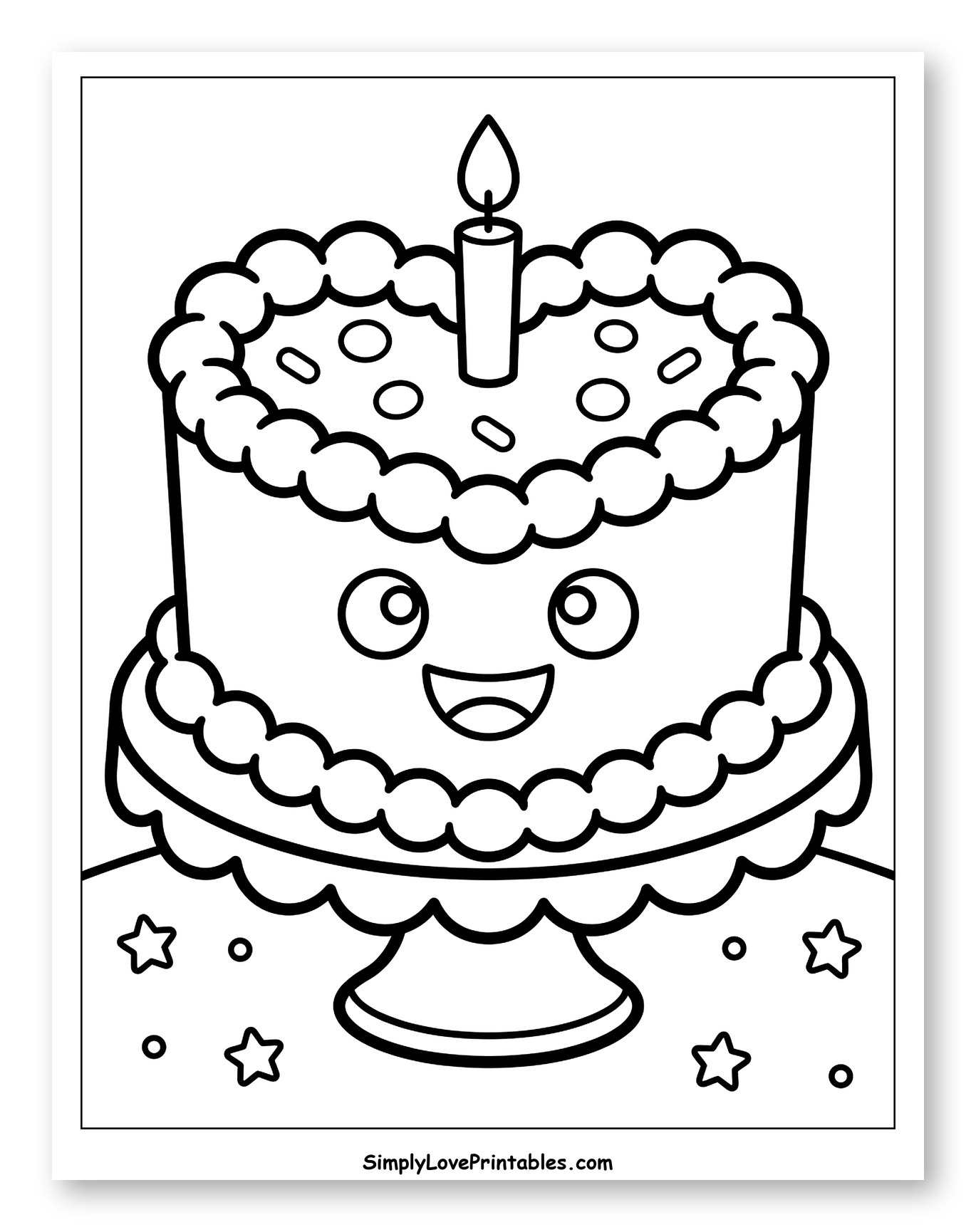 Kawaii Birthday Cake on a Stand Coloring Sheet for Toddlers