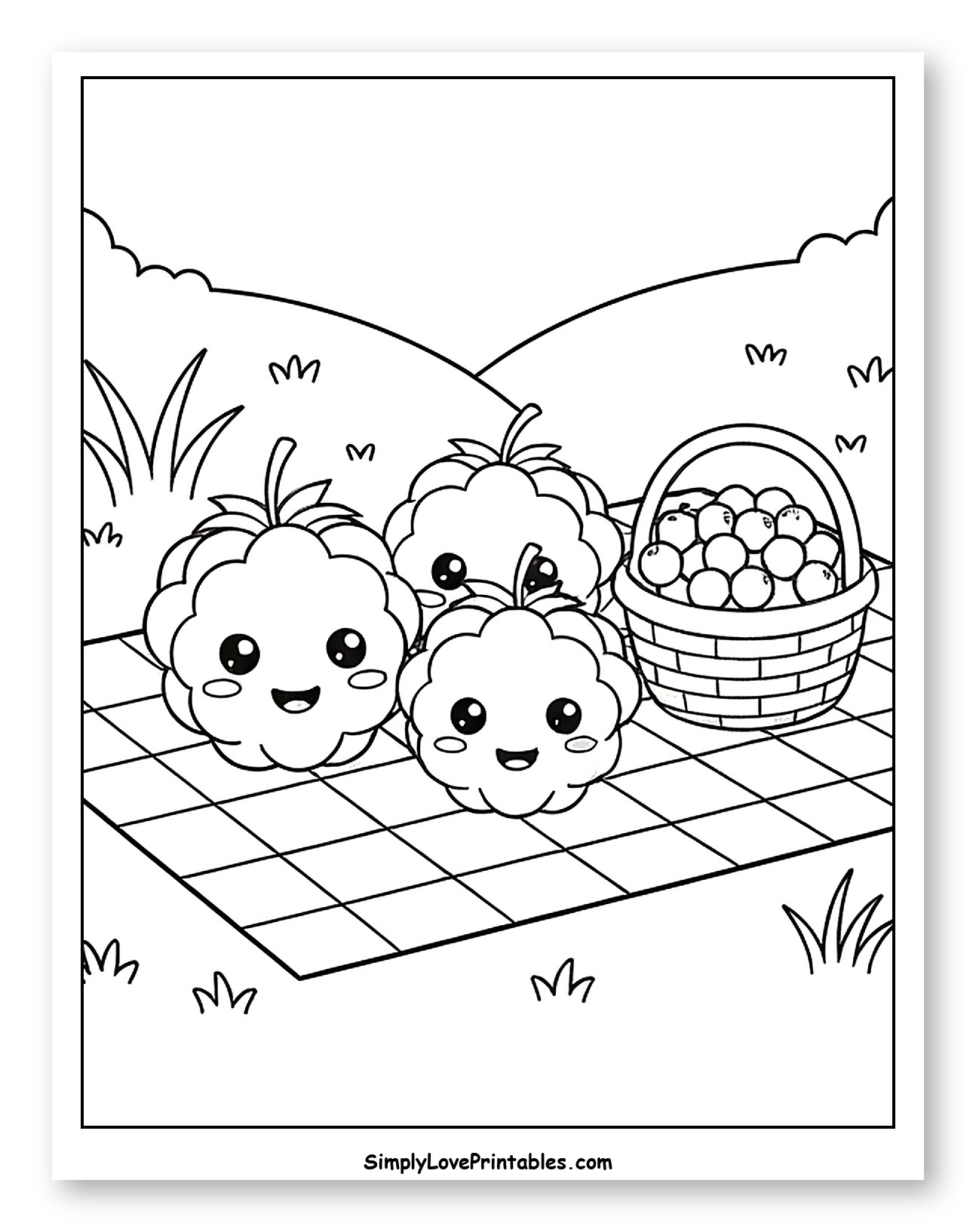 Kawaii Blackberries on Picnic Blanket with Fruit Basket