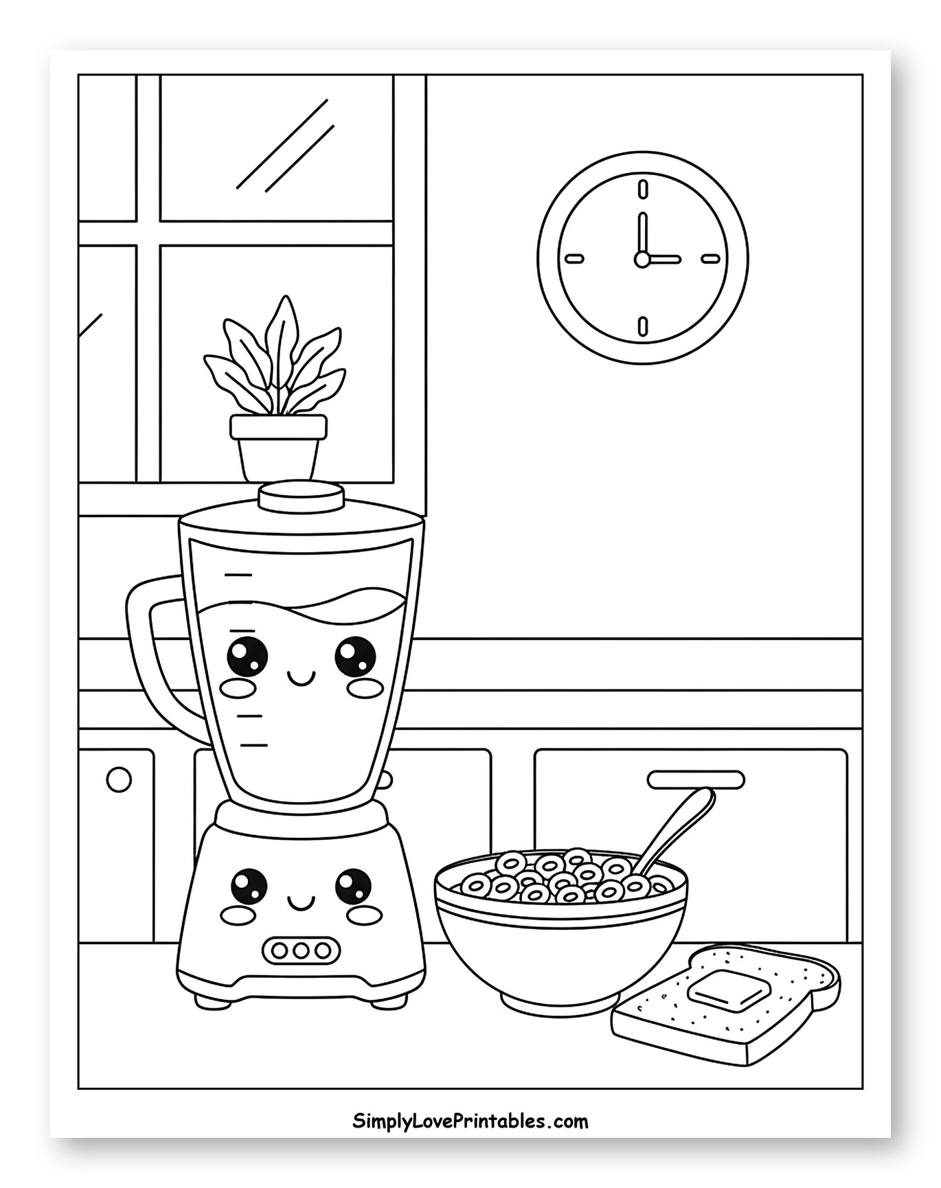 Kawaii Blender with Cereal and Toast Coloring Sheet for Kids