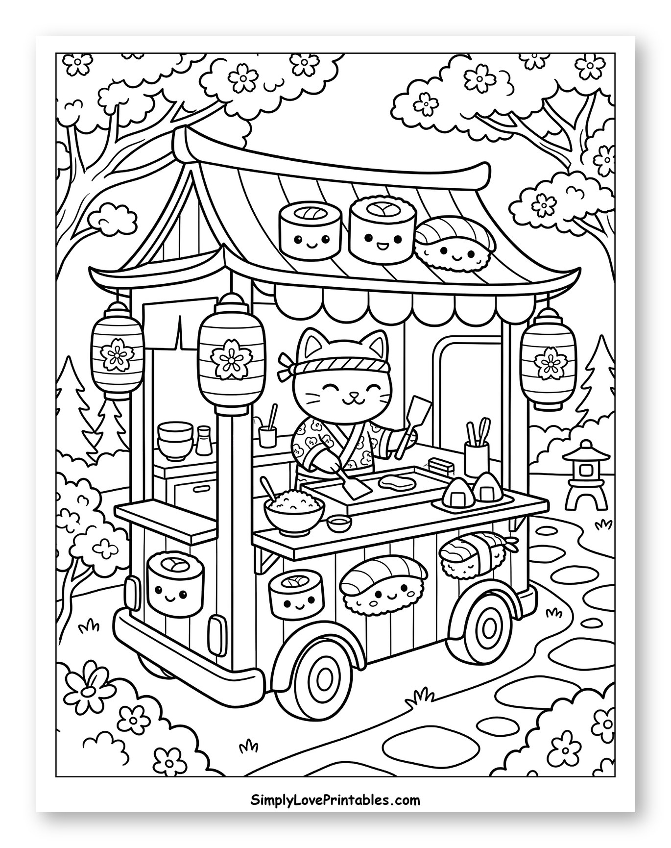 Kawaii Cat Chef at Sushi Food Stall Coloring Sheet for Kids