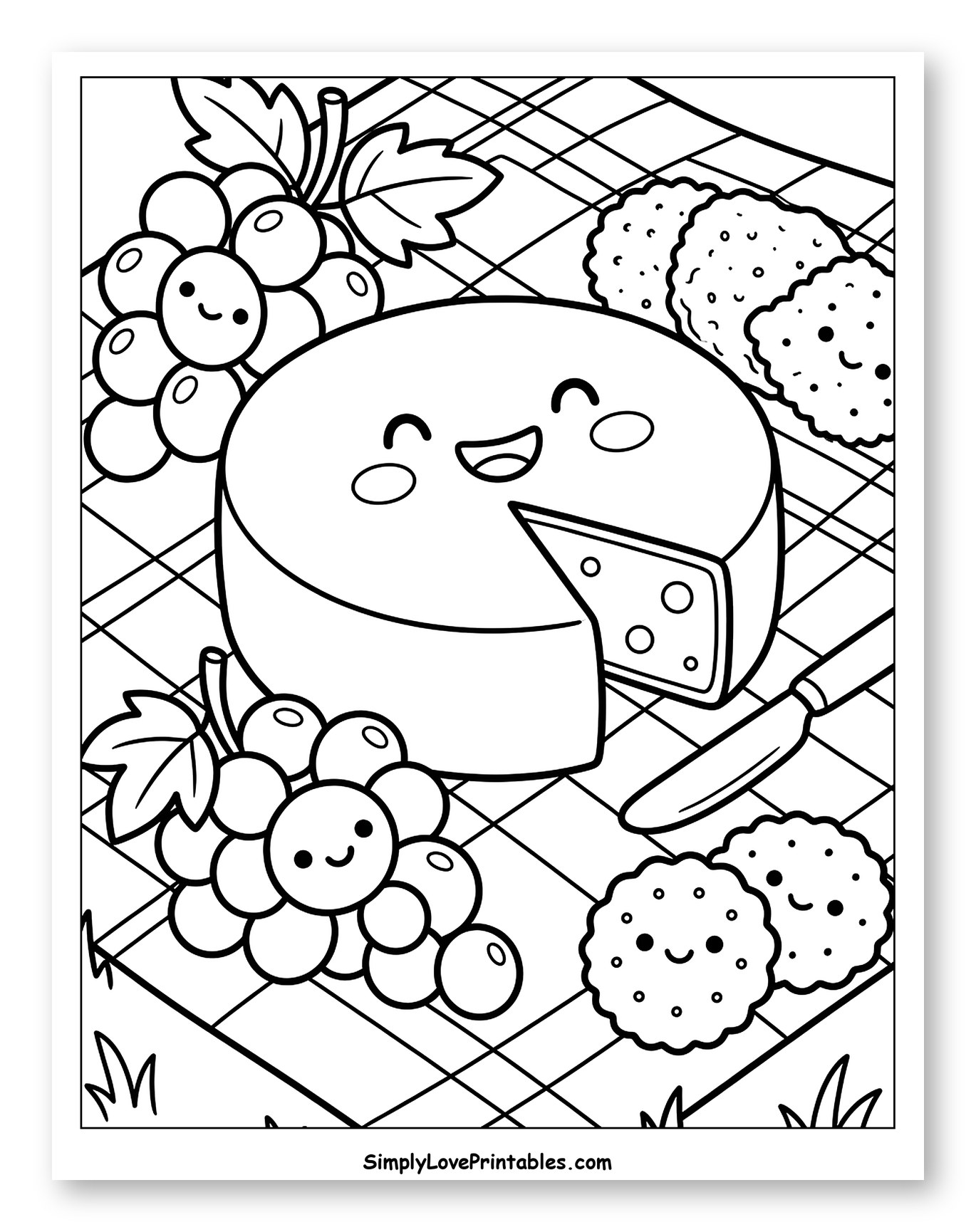 Kawaii Cheese and Grapes Picnic to Color for Kids